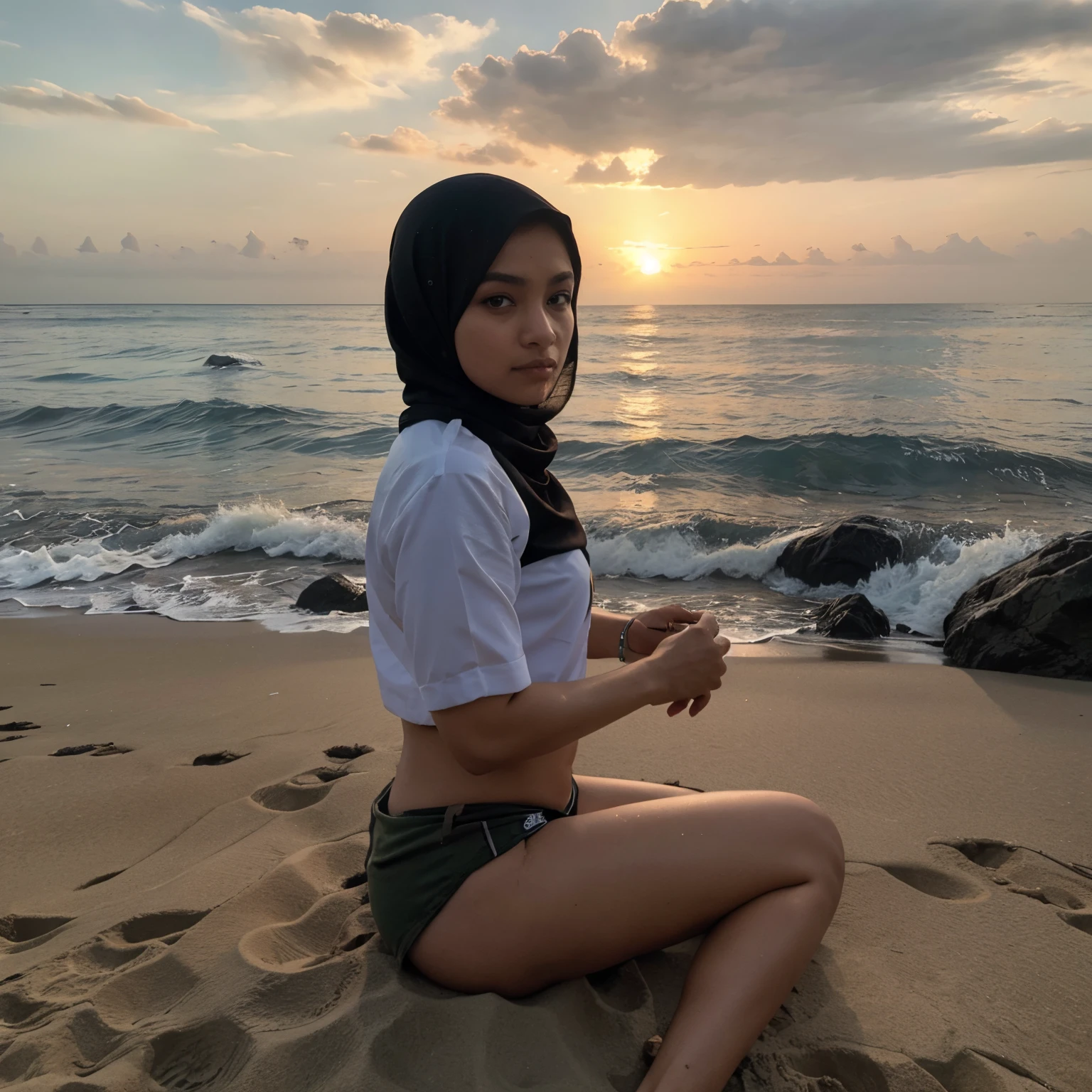 duduk di pinggir pantai, sunset memegang bendera palestina