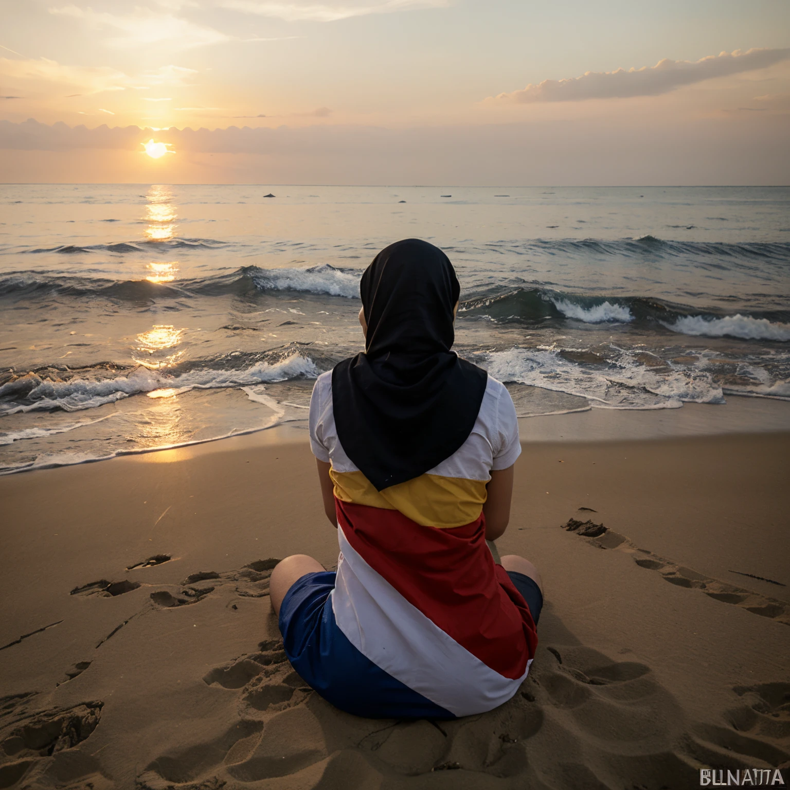 duduk di pinggir pantai, sunset memegang bendera palestina
