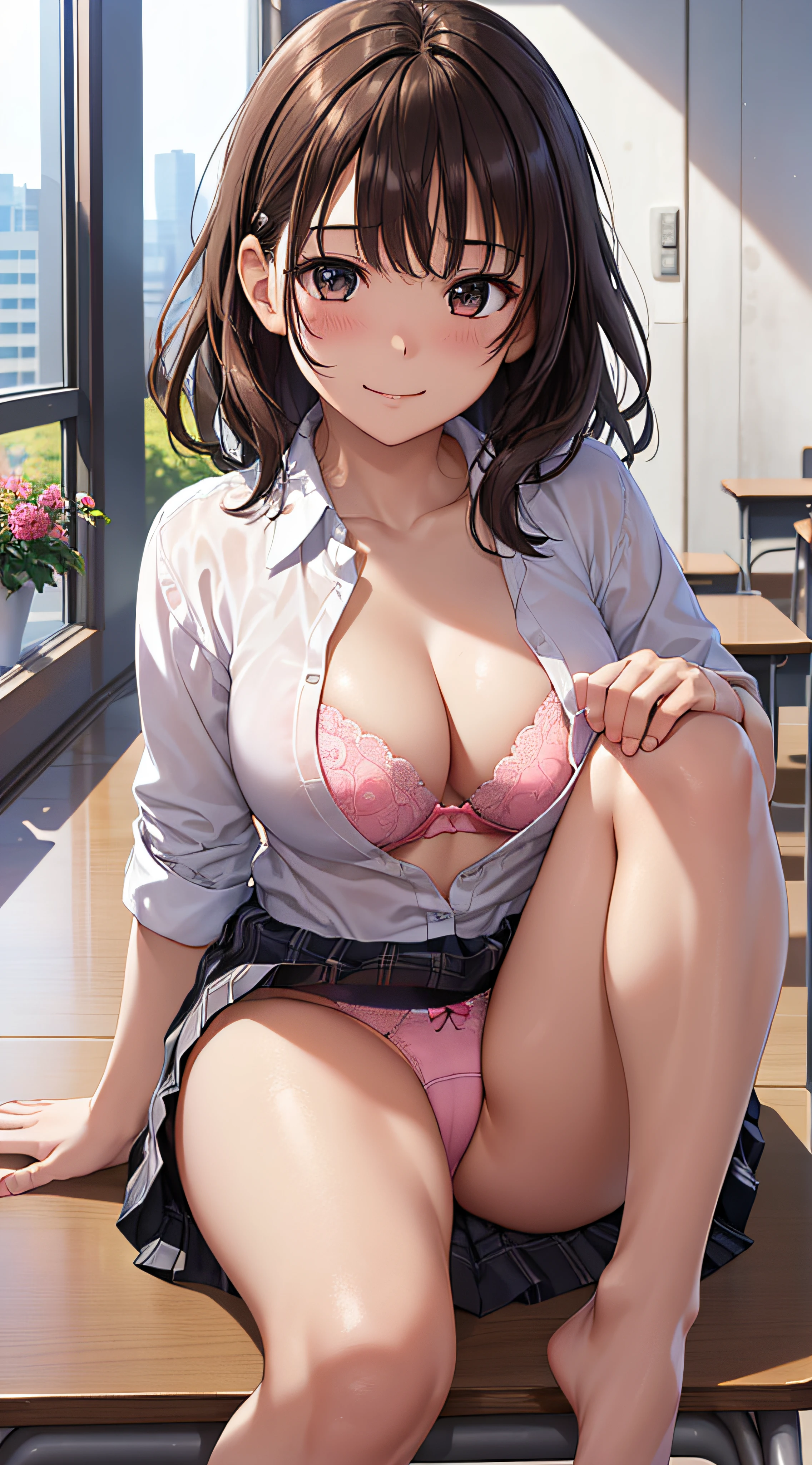 ((masutepiece, Best Quality, hight resolution, nffsw, Perfect Pixel, 4K, nffsw, nffsw))), 1girl in, Single, Solo, Beautie、full body seen、 ((Middle Wave Hair, Bangs, Brown hair)), ((Brown-eyed, Beautiful eyelashes, Realistic eyes)), ((Detailed face, Blushing:1.2)), ((Smooth texture:0.75, Realistic texture:0.65, Photorealistic:1.1, Anime CG style)), medium breasts, Dynamic Angle, Perfect body, ((School uniform, White shirt, Black skirt, Unbuttoned shirt、(no-bra)、plaid skirts、I'm not wearing shoes、White Sox)), Classrooms without people、Sit on a desk、Lower'I took my foot off the desk........................、early evening、、、Very embarrassing panic smile、(Lift the skirt with your right hand、Open both legs、Pink floral lace panties)、、(Cute floral bra)、