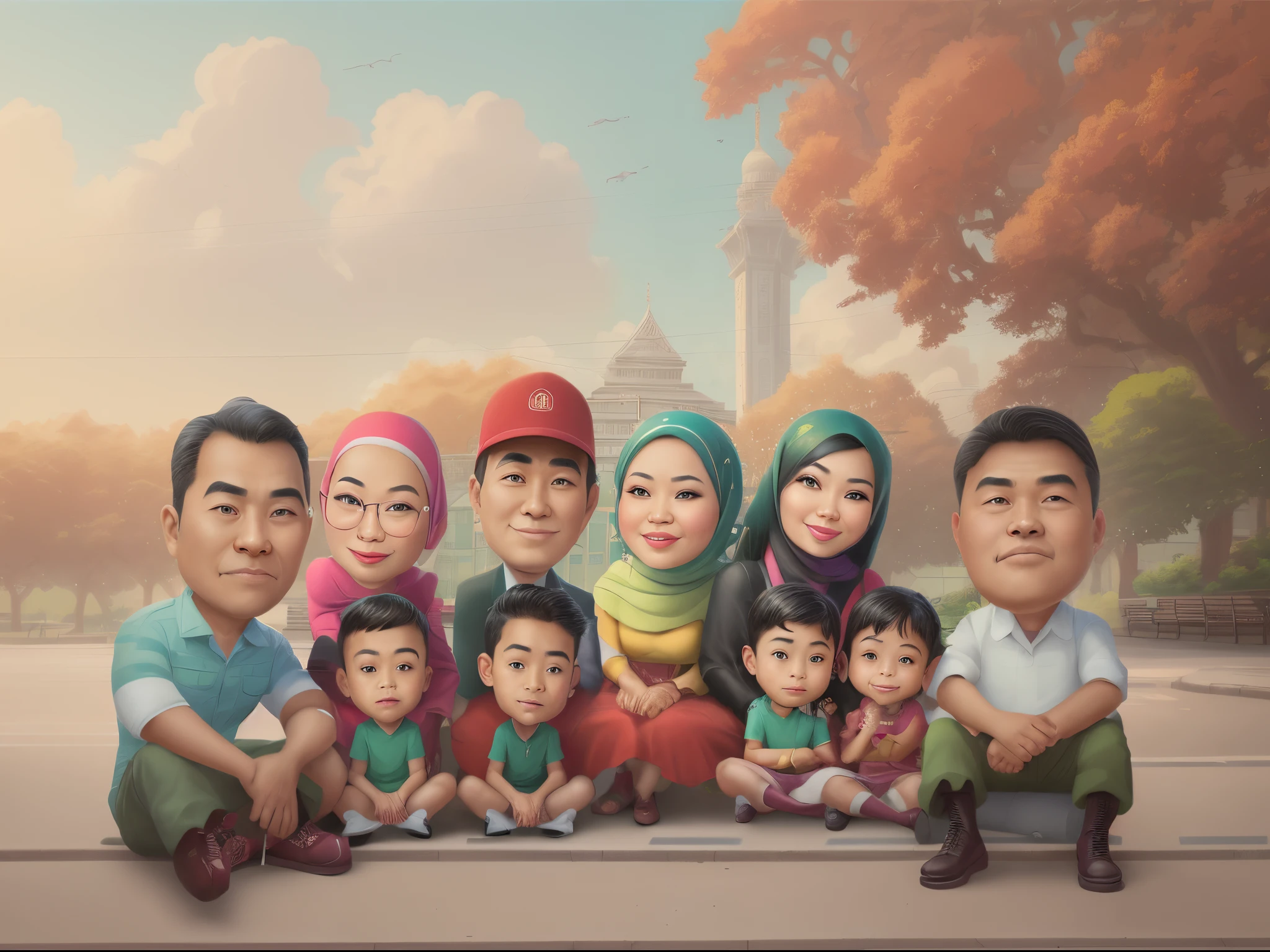 there are many people sitting on a bench together in a park, caricature illustration, in cartoon style, an indonesian family portrait, cartoon digital painting, digital art cartoon, cartoon digital art, digital cartoon painting art, cartoon art, caricature style, cartoon style illustration, cartoon artstyle, realistic cartoon, cartoon painting, potrait, cartoon art style, cartoon portrait, caricature, hiperrialism:1.1, detail:1.2, bokeh, soft,