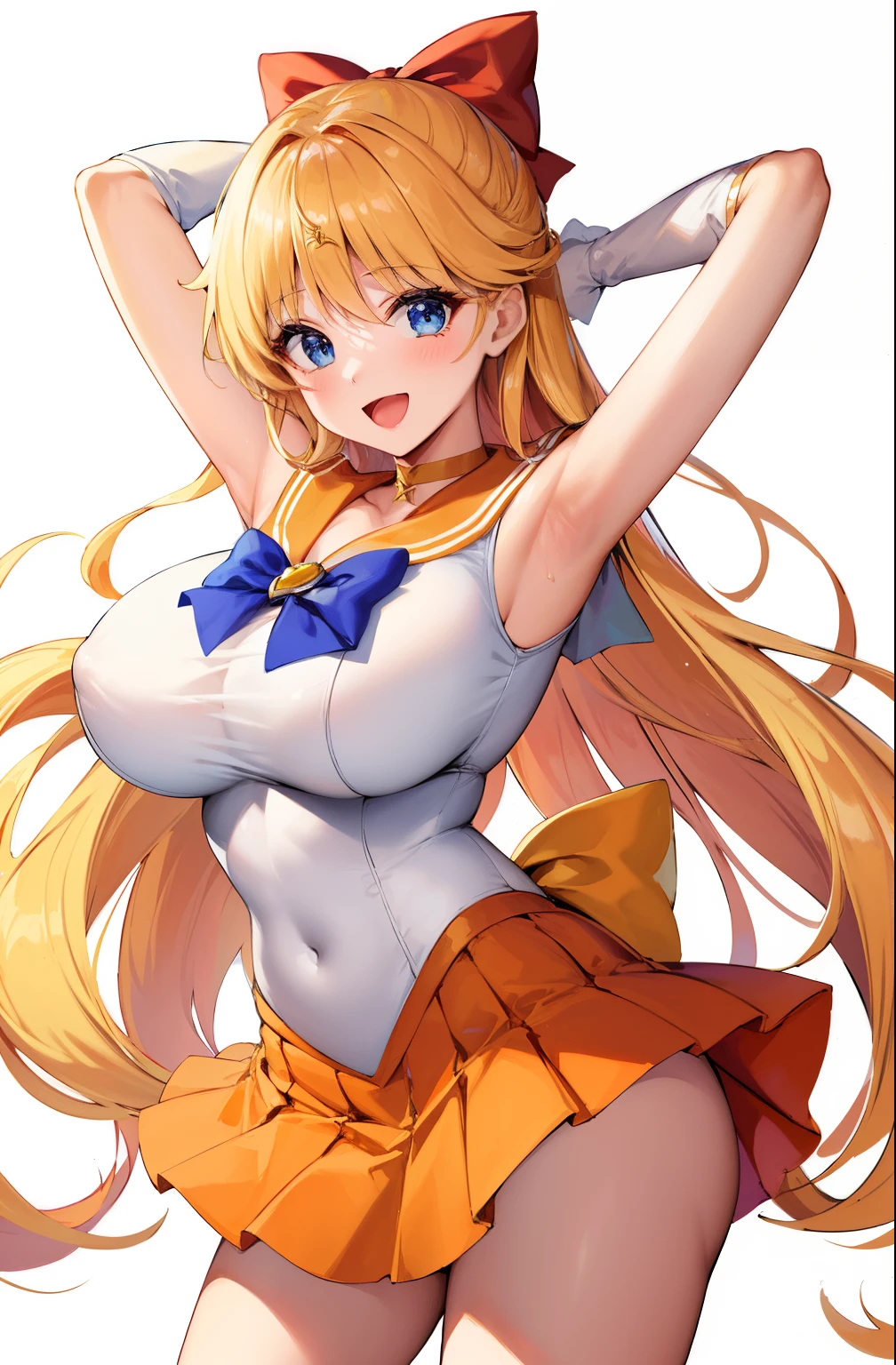 Sailor Senshi Uniform、an anime girl、Mature girls、14-year-old woman、solo、Orange Choker、Golden Choker、skirt、bow、sailorvenus、magical ***********、Very long blonde woman、Blue-eyed woman、red_bow、rating:safe、Orange skirt、Golden skirt、Orange sailor collar、Golden sailor collar、purple bowtie、back_bow、white glove、elbowgloves、jewelry、White leotard、highleg leotard、robe blanche、hair_bow、Half Up Hair、smile、open_mouth、Raising both arms、a miniskirt、pleatedskirt、circlet、violet_bow、cowboy_shot、blush、brooch、:d、Woman with very large breasts、huge tit、looking_at_viewer、Woman standing、cleavage、Leotila、耳Nipple Ring、heart、star、a miniskirt、pleatedskirt、arms_behind_head、Bare shoulders、bare legs、