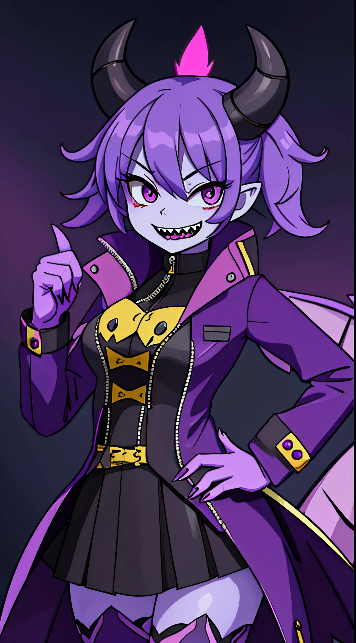 An anthropomorpic devil girl with purple skin and a long devil tail and purple devil horns and sharp teeth wearing a yellow jacket