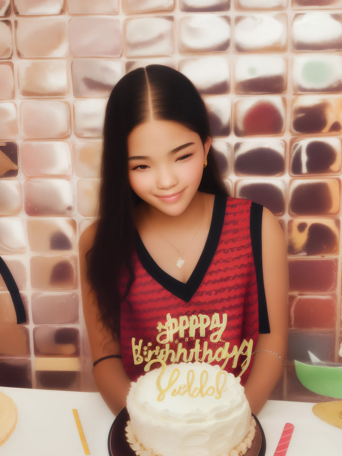 A 17th year old birthday girl, wearing a red cropped top holding her cake ready to blow