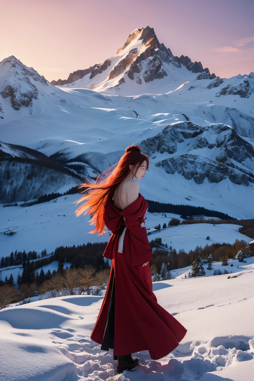 Lonely maiden,Facing the distance, leaving only the back,flaming hair,Stand on the snow,Looking at the towering snow-capped mountains in the distance,A round of meniscus(ancient wind)(anime illustration)
