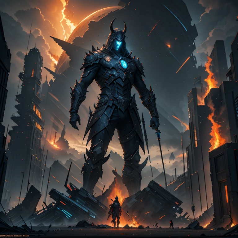 One warrior silhouettes standing in front of  giant statue of devil standing straight, concept art wallpaper 4k, sci-fi fantasy wallpaper, sci fi artwork, detailed sci-fi art, beautiful sci fi art, dark clouds, concept art artwork masterpiece, concept art 4k, concept art 4 k, sci fi concept art, mystical sci-fi concept art, fire, debris, dirty