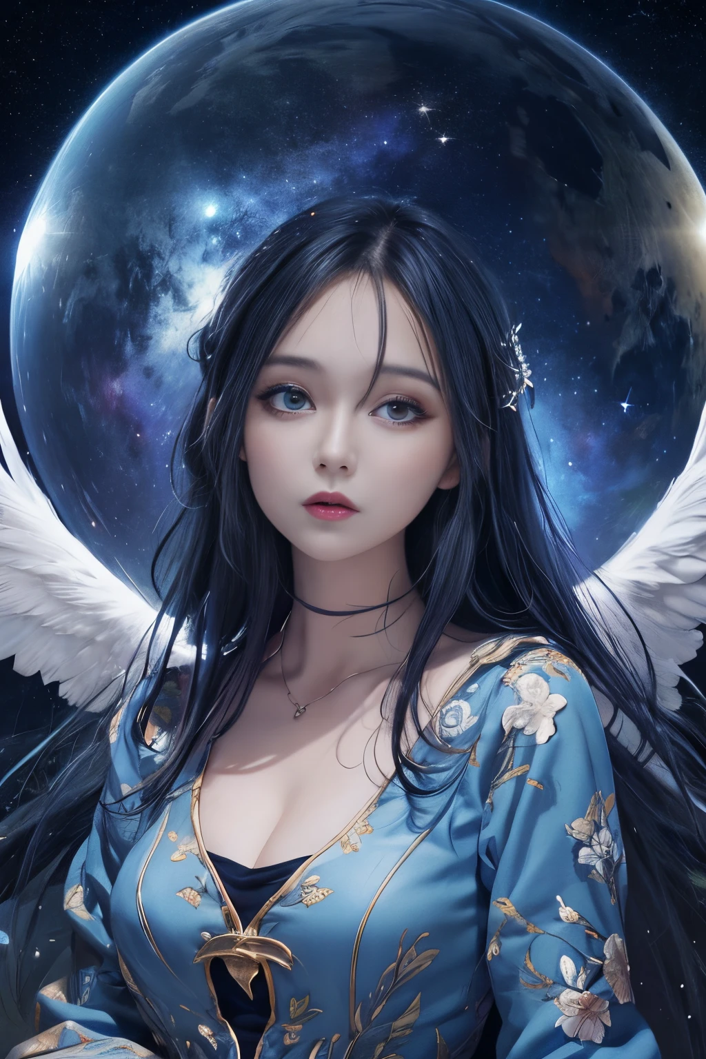 1 girl, The eye, closeup cleavage, Beautiful night sky, meteor shower, Beyond the clouds, Surrounded by water, rethink, Wide angel, Stunning clouds, wide angles, author:Shinkai sincerely, tomas kinkade, James Gillard, by holosomnialandscape, HighDynamicRange, Volumetriclighting, Ray traching, an intricate, high detal, The very detailed, he who, 4k vertical screen wallpaper,, Colorful, airy, anime illustration, Anime nature wallpaper