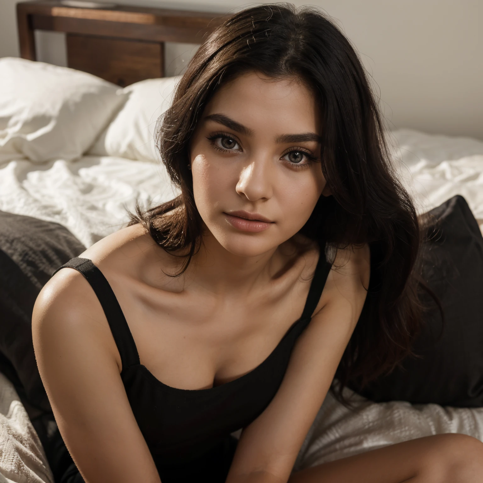 highres,realistic,portrait,young,beautiful,labanese,girl,20 years old,big eyes,detailed facial features,long eyelashes,sharp beautiful nose,straight black hair,natural makeup,fashionable attire,vivid colors,soft lighting,warm tones,rich skin texture,subtle shadows,natural environment,legs wide open sitting on a bed sexy position, seen from below, wearing a black and white frock,photoshoot,fit body,looking into the camera