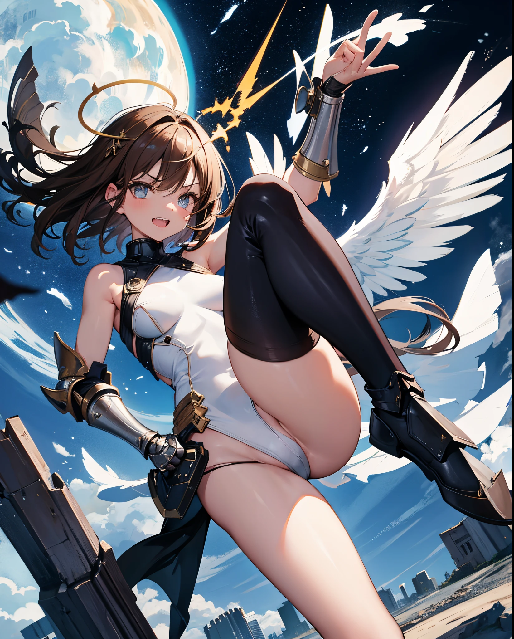 fantasy, 1angel_girl, loli,bwn_hair, medium_bob_hair, long_bangs, halo,bare_shoulder,thighhighs,silver_armor, waist_armor, large_breasts,angry,grinning,open_mouth_teeth, 1pair_wings, dynamic_pose_fighting,floating, bare_crotch, headgear,gauntlet, greaves,city_sky_background,slightly_spread_legs, solo, groin_naked,dark_skin,