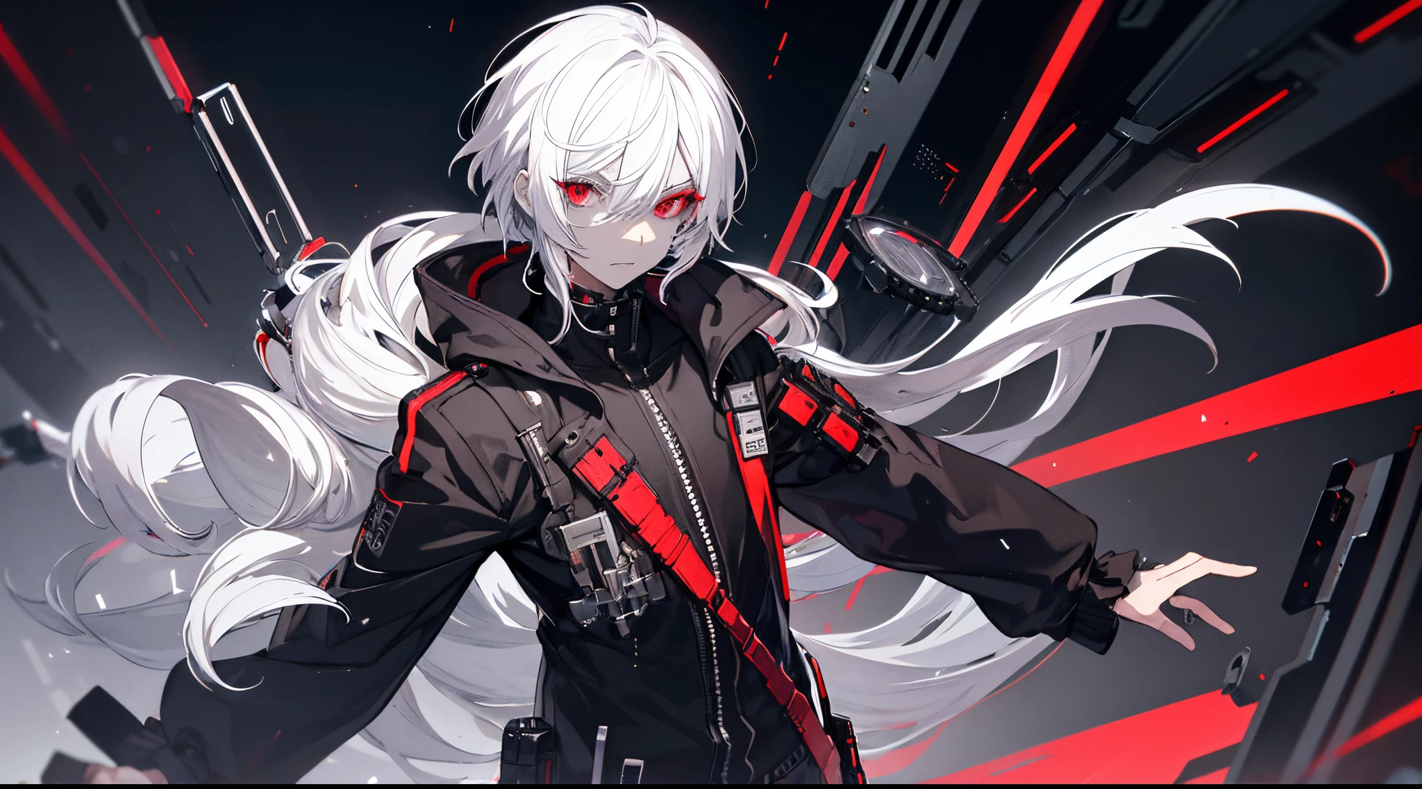 Innovative male Vtuber full body, white hair, small white eyebrows, brown skin, red pupils, morbid expression, mine-type makeup, dark circles under eyes, droopy eyes, cyberpunk style costume.