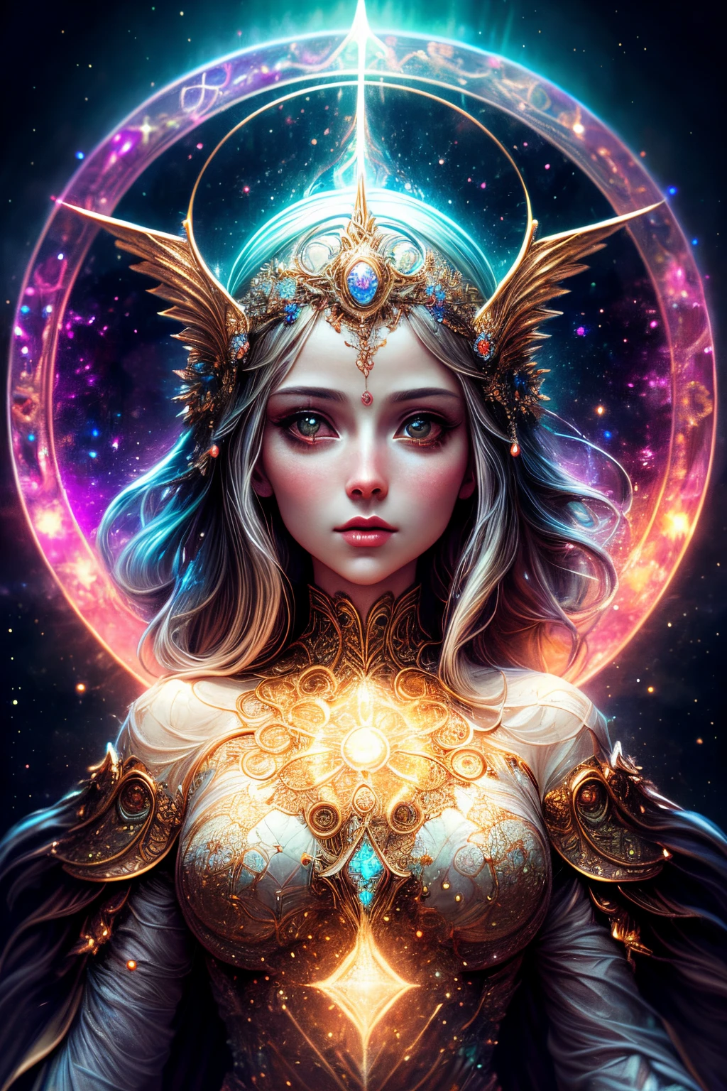 ((best quality)), ((masterpiece)), ((realistic)), portrait,
1girl, celestial, deity, goddess, light particles, halo, looking at viewer,
(bioluminescent:0.95), vibrant, colourful, color, (glowing, glow),
(beautiful composition), cinematic lighting, intricate, (symmetrical:0.5), whimsical,