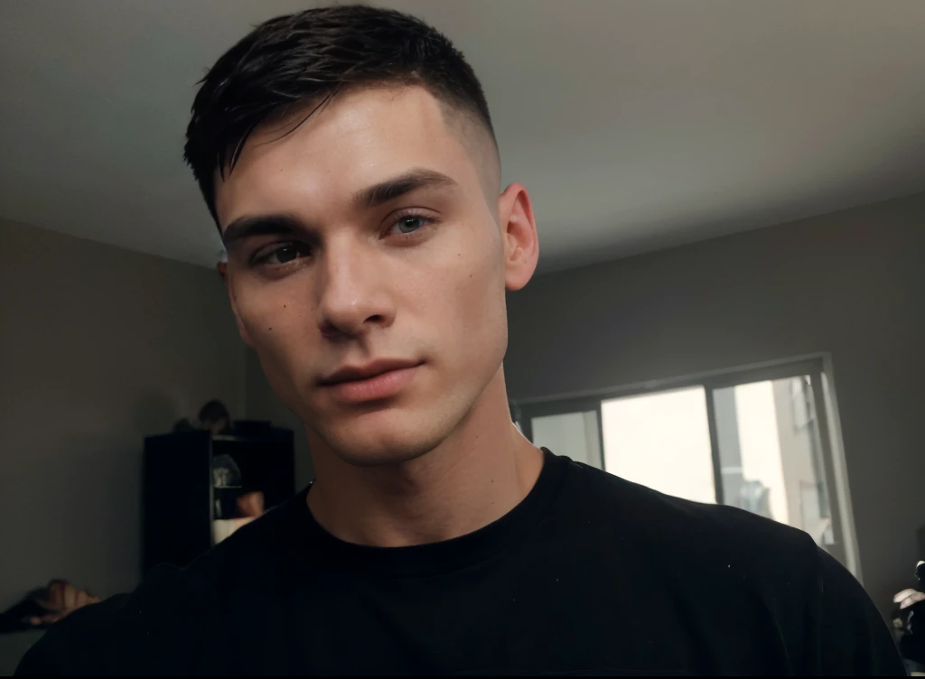 23 year old cute male, handsome, cillian murphy (black short buzz military haircut, fade haircut, small nose, chad jawline, big dark eyes, athletic, well built, fit, some pimples on face) selfie from hand in bedroom, wearing black t-shirt