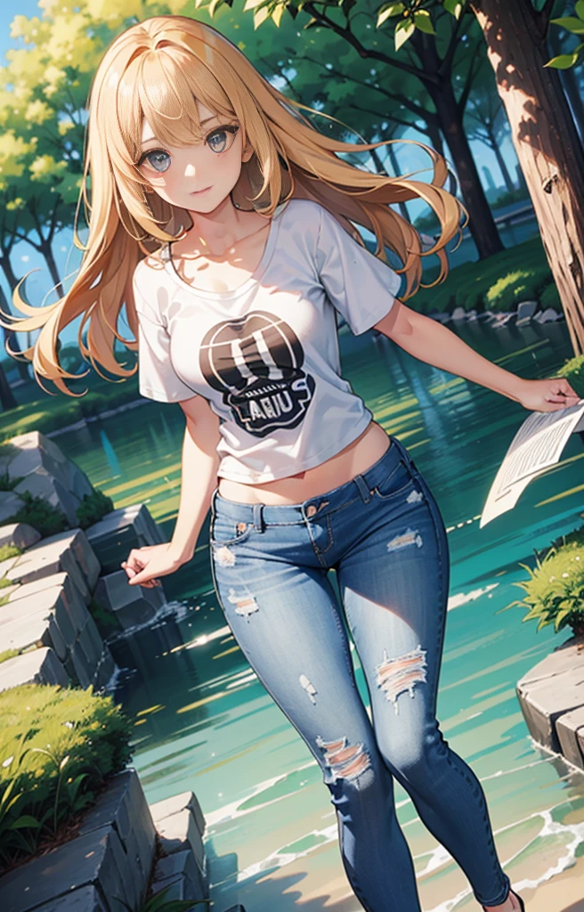 master part, extremery magnificent view, perspectiva, extremery melhor qualidade, CG detalhado da extremidade, Papel de parede 8K, high resolution, rosto altamente detaiiled, olhos altamente detalhados, anatomia perfeita, Pele super detalhada,
(Dynamic angle, dynamic pose:1.2), ao ar livre, parque, tree and lake, (retrato, Foco nas pernas, corpo inteiro), (beautiful face, Olhos bonitos, beautiful legs:1.3),
1 girl, sozinho, (camisetas, skinny jeans:1.3), medium breasts, blonde hair, medium hair, cabelos flutuantes, Cabelos lisos, olhos azuis, (umbigo, :0.8), magro, delgado, quadril grande, cintura fina