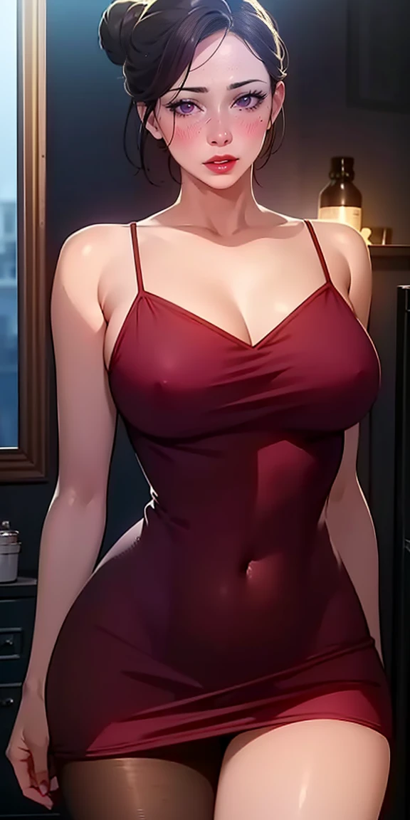 Hyper realistic super detailed sexy (Aunt June (Secret Class)), Very detailed, expressions faciales sexy, seductive facial expressionace detail: 1.4): 0.4], 16K resolution, 4k resolution, dinamic lighting, High definition resolution, (hyper realistic: 1.4),(contrasting background: 1.5), (Anatomy of the hyperrealistic arm), (Hyperrealistic anatomy of the legs), (peau propre), (lighting cinematic: 1.7), (intime), (Technologie NVIDIA RTX Ray Tracing), (Anatomy of the hyperrealistic arm: 2), (Ventre plat parfait), (image couleur),  (Aunt June (Secret Clasedium breasts , mature female, horny ,16k, glowing eyes, detailed 4k eyes, seduction,sexy lips, parted lips,detailed lips, red lips, hiig purple eyes)), detailed face, shiny skin, auntjunev3, auntjune, hair bun, bangs, messy hair ,  medium breasts, mirror, room, selfie, holding cellphone, brown pantyhose, pantyhose, thighs, dress, red dress, sleeveless dress, collarbone, looking at viewer , masterpiece, best quality, highly detailed, desire, blush, perfect hands, blush, shy, tight gap, skindentation, mirror, room, selfie, holding cellphone.