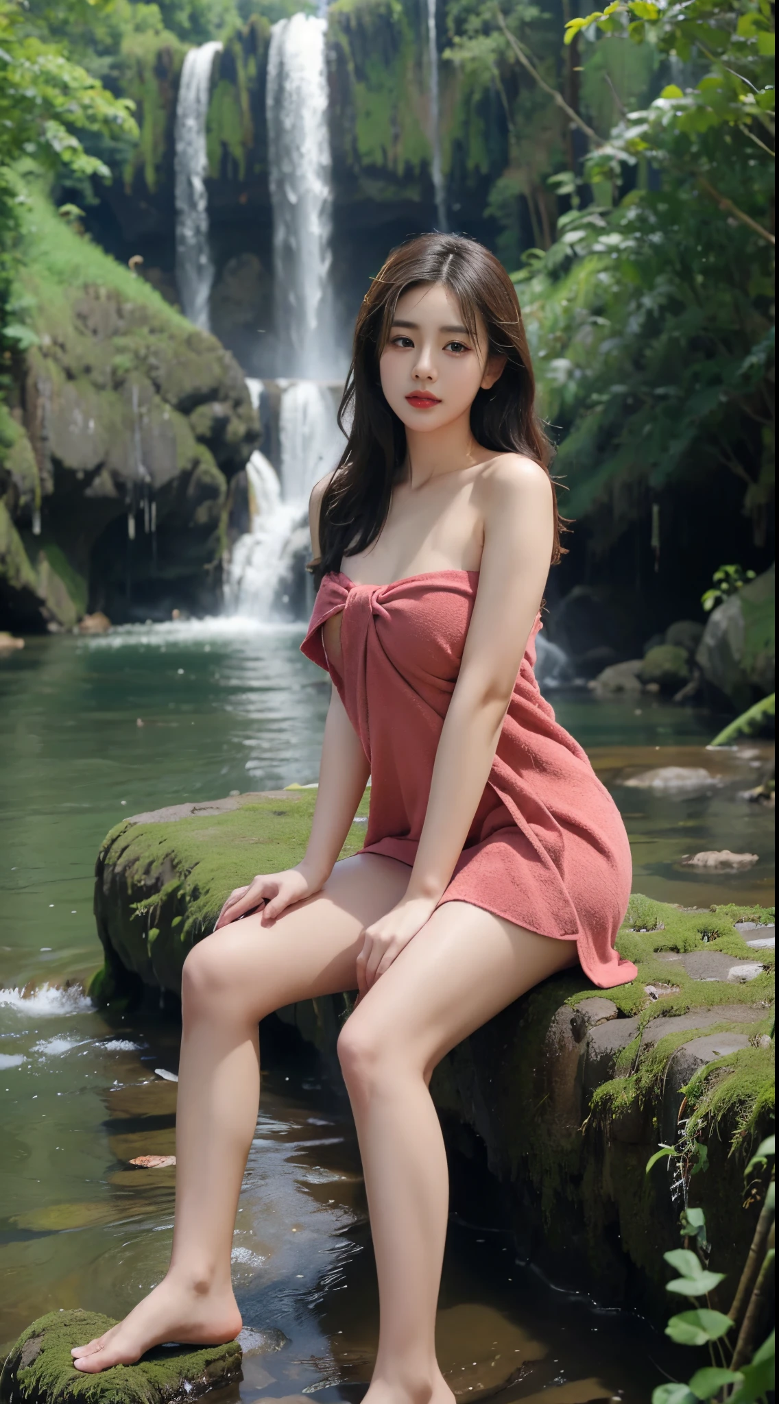 Beautiful Girl, Korean makeup, Red lips, big breasts, medium body, wrap a towel, body towel wrap, thigh, sit, lakes, ngồi trên hòn đá giữa hồ, (((cảnh quang hồ nước giữa rừng, waterfall,)))