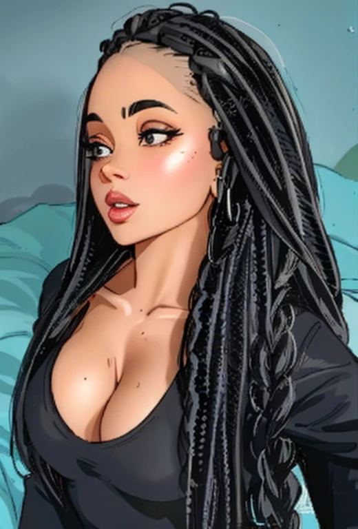 uma mulher com longos cabelos pretos, wearing a black blouse and black pants, black hair in braids, long black braids, ☁🌪🌙👩🏾, 👁🌹👾, Dreadlock cabelo preto, penteados femininos tradicionais, long black braided hair, Tessa Thompson inspirada, long braided black hair, thick lips, beleza de cair o queixo, penteado preto longo elaborado