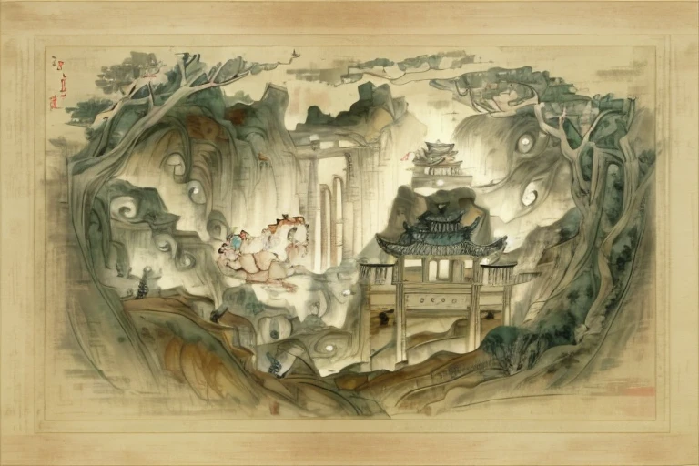 There  a Chinese landscape painting and a horse, ancient china art style, background depicting a temple, an ancient city on fire, ancient city landscape, A beautiful artistic illustration, Chinese landscape, Journey. trending art, Beautiful rendering of the Tang Dynasty, z style art work.Show on the. to the, a temple background, Chinese dreamland, chinese fantasy