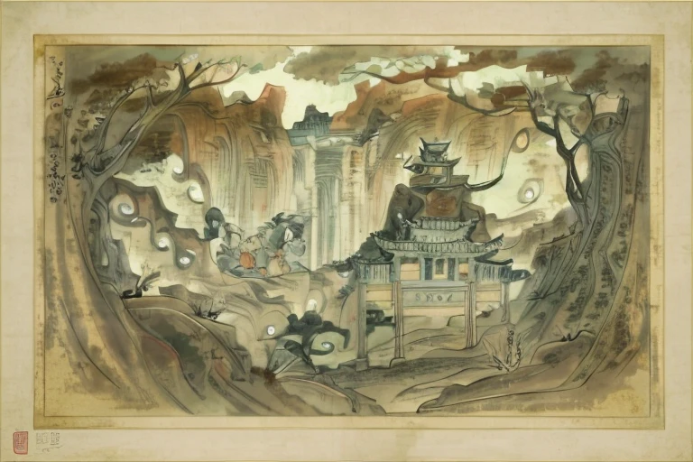 There  a Chinese landscape painting and a horse, ancient china art style, background depicting a temple, an ancient city on fire, ancient city landscape, A beautiful artistic illustration, Chinese landscape, Journey. trending art, Beautiful rendering of the Tang Dynasty, z style art work.Show on the. to the, a temple background, Chinese dreamland, chinese fantasy