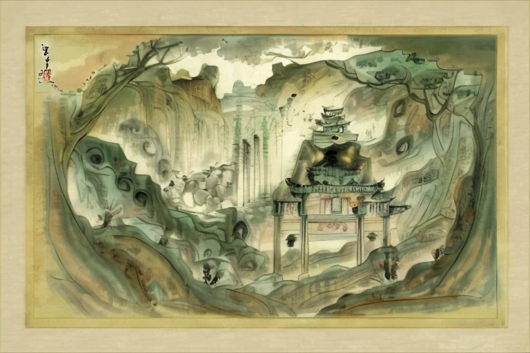 There a Chinese landscape painting and a horse, ancient china art style, background depicting a temple, an ancient city on fire, ancient city landscape, A beautiful artistic illustration, Chinese landscape, Journey. trending art, Beautiful rendering of the Tang Dynasty, z style art work.Show on the. to the, a temple background, Chinese dreamland, chinese fantasy
