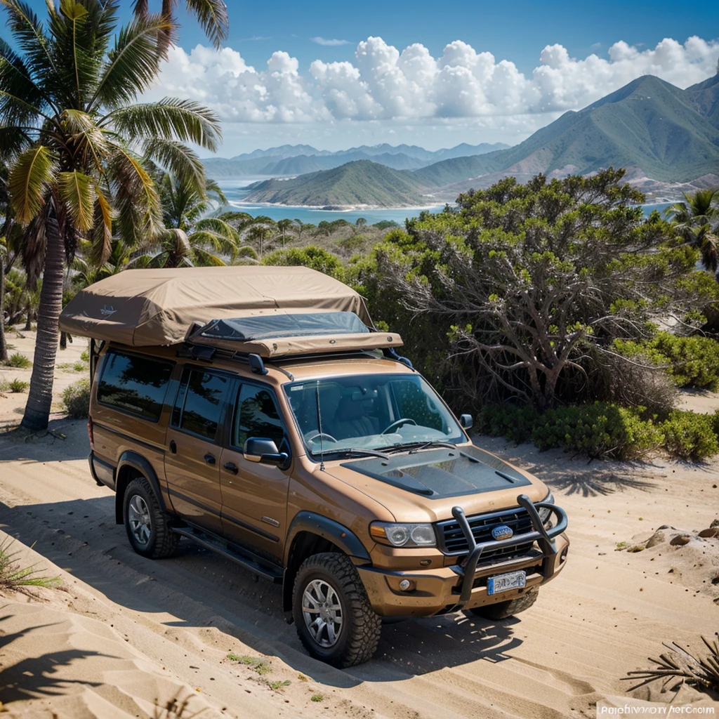 expedition campervan, 4x4, off road style, snorkel, beautiful weather, sunny day, palm trees, ocean, mountains, beautiful view, the best  quality, 4K, full realism