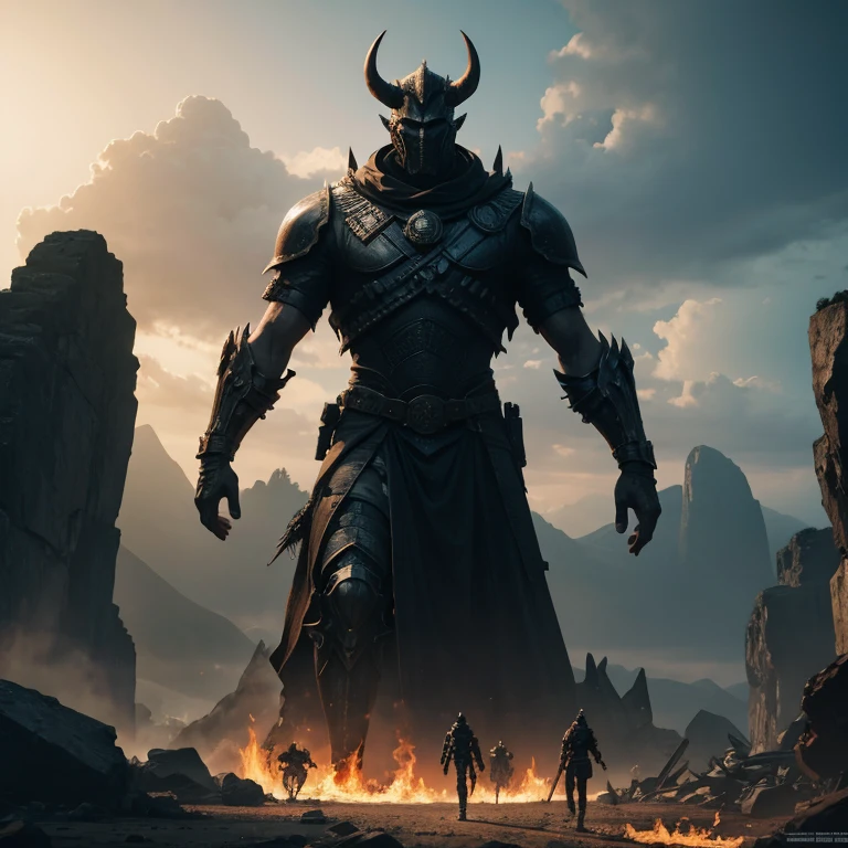 One warrior silhouettes standing in front of giant old rock statue of devil standing straight, concept art wallpaper 4k, sci-fi fantasy wallpaper, sci fi artwork, detailed sci-fi art, beautiful sci fi art, dark clouds, concept art artwork masterpiece, concept art 4k, concept art 4 k, sci fi concept art, mystical sci-fi concept art, fire, debris,