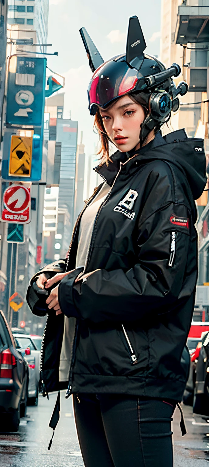 robot, robot joints, hardsurface, sci-fi_helmet, girl_face, concept_art,1girl,  {in the cyberpunk city}, cityscape, PerfectNwsjMajic