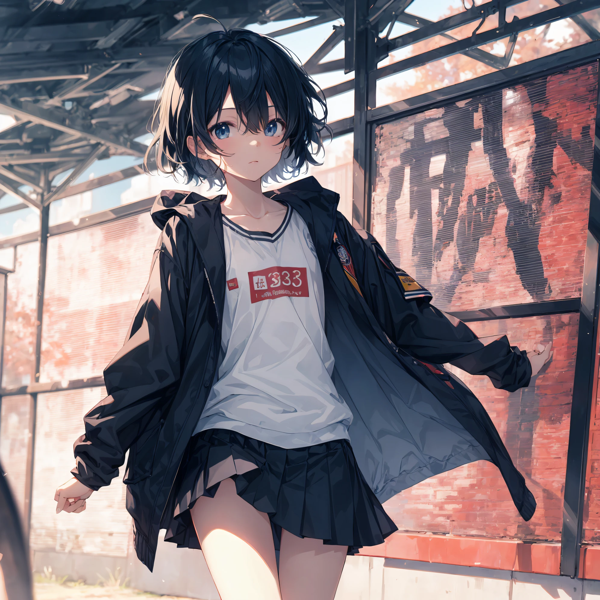 Top quality by creator God, Ultra-detailed, anime moe art style,Best Anime 8K Konachan Wallpapers,Pixiv Contest Winner,Perfect Anatomy, BREAK,(Draw a girl sleepily walking to school. ),BREAK, 1girl in, (Solo,Lori,child,13years:1.3),a junior high school student, Androgynous attraction, (Very short hair), hair messy, Full limbs, complete fingers,flat chest, Small butt, groin, Small eyes,Beautiful detailed black eyes,Well-proportioned iris and pupils, School uniform, Skirt,On the way to school. BREAK,High resolution,super detailed skin, Best lighting by professional AI, 8K, Illustration,
