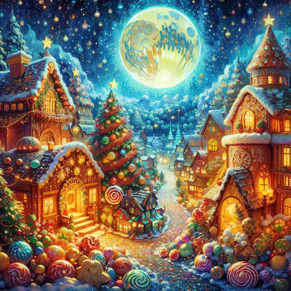 Best quality at best, 8K, A high resolution, tmasterpiece:1.2), ultra - detailed, (actual, realistically:1.37), vibrant with colors, magical ambiance, Whimsical, (Sparkling:1.2),(Christmas village in dream fairy tale:1.4),(Van Gogh style Christmas architecture: 1.5),(The moon empty),((Delicious sweets,Christmas tree, gifts, Christmas stockings, cute gingerbread man,chocolate house splash)), Illustration style, and decorations, Fantasy Christmas Town, Lovely design style, natta,snowfield,moon full,Vibrant colors、 ((Whimsical and charming fantasy)), Surreal portrait, (Fantasy themed fairy tale village), (whimsical architectural decorations), (Colorful, Landscape full of candy), (enchanting, Magical scenery), (A vibrant, candy colored building), (Candy and Gingerbread Trail), (Candy Castle) in distance, (Rich, fantasticcolors), (Twinkling starour dimensional dream), (Psychedelic and mesmerizing atmosphere), (Playful composition), (Vivid lighting effects), 1.4x realism,hyper HD,Shown in this beautiful scene, Surreal, Psychedelic, Complicated details, Beautiful texture, Ethereal, like a dream, Soft glowing light, Charming Patterns, fantastical creature, Hidden surprises, dreamlike landscapes, Surreal color palette, Mystic aura, hyper realisitc, Enchanting journey, psychedelic trip, vivid imagination, immersive experience, mysterious creature, otherworldly charm, glowing paths, Light up a dreamy and beautiful Christmas, surreal sky, Whimsical Christmas elements, a magical encounter,Fascinating artwork