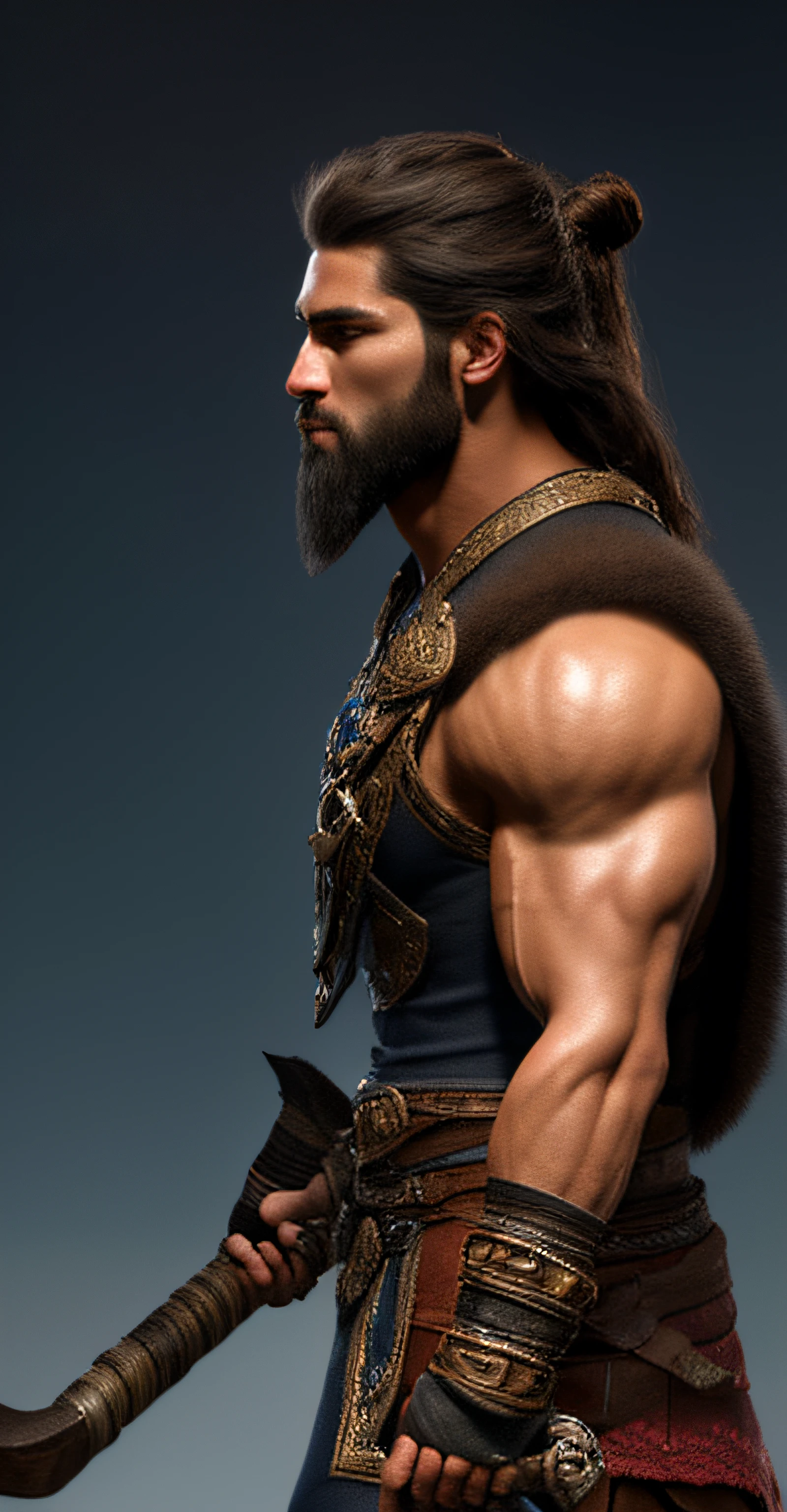 Side view of a person walking, Take a full body photo, A close-up of a man, A male warrior, a male savage, warrior character design, muscular male hero, Attractive strongman with armor, Warrior concept art, barbarian warrior, Persian warrior, primitive samurai, handsome prince of persia, barbarian class, Fantasy hero character concept. (Best quality at best,4K,8K,A high resolution,tmasterpiece:1.2), ultra - detailed, (actual,realisticlying,Photorealistic:1.37), HighDynamicRange, hyper HD, Studio lighting, Extremely detailed description, professional, vivd colour, bokeh, sportrait, concept-art, Focus sharp, physically-based renderingt.