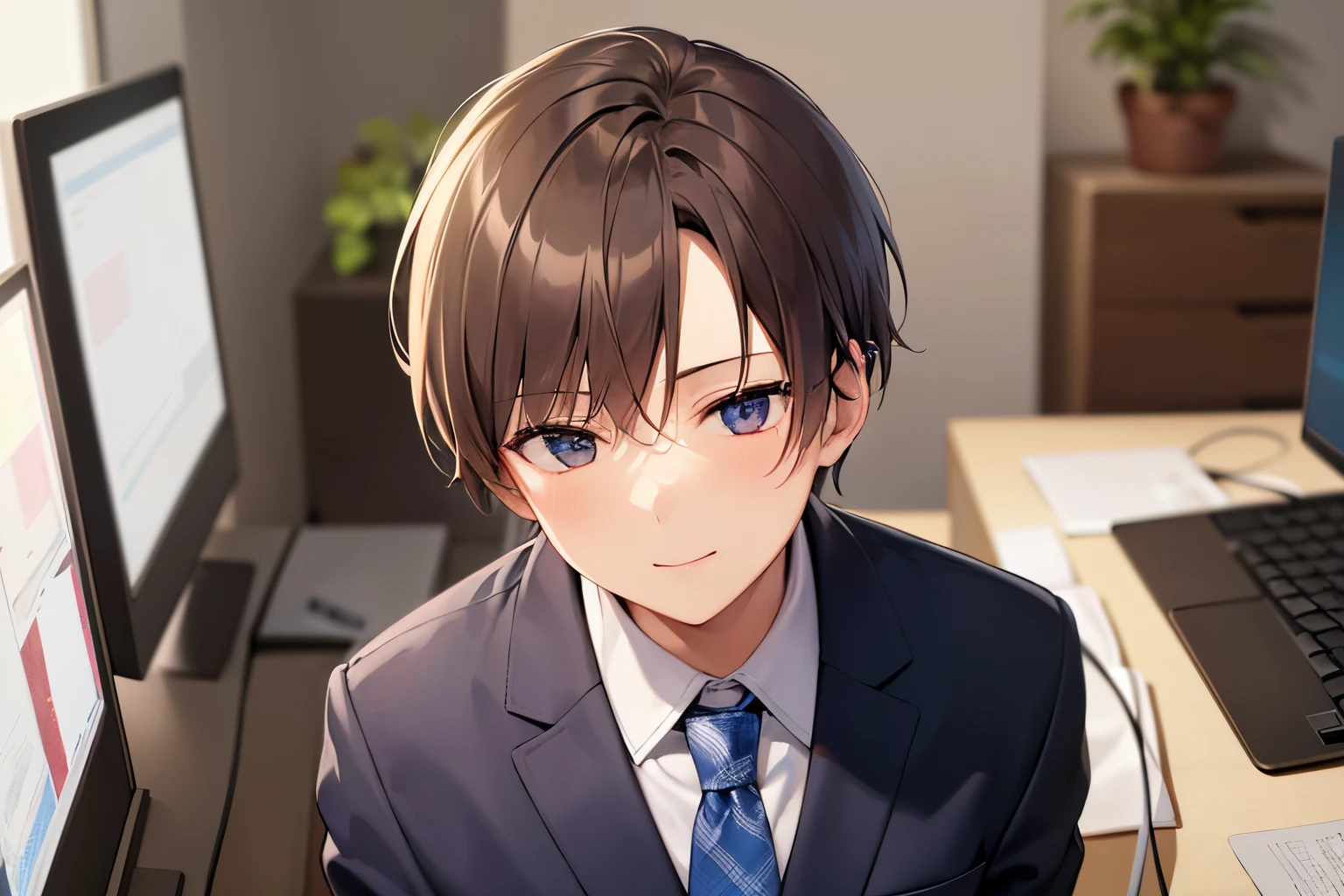 Angle from above, High angle, ​masterpiece、hightquality、25 year old man with short brown hair and blue eyes、Wearing a gray suit、Wearing a blue tie、Hands are raised、(Alone:1.5)、(looking away:1.4), (Smiling expression:1.1)、(Close-up of your face:1.3)、(Only the upper body is shown.:1.3)、Sitting in front of a computer、The background is office、Bold composition、