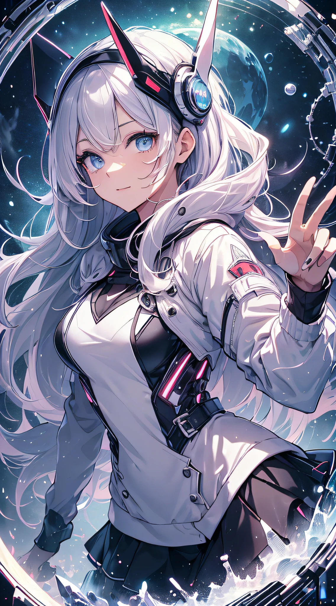 top-quality、Top image quality、masterpiece、s girl((White and blue hoodie、Black skirt、18year old、 Ager、Best Bust、big bast,Beautiful light blue eyes, Long silver hair、A slender,Large valleys、Reflecting the whole body、Leaning forward、Attach the VR visor to your eyes、jumping pose、Excited face、play VR,)),hiquality、Beautiful Art、Background with(( Cyber World、Cyber World、Space world))masterpiece、depth of fields,