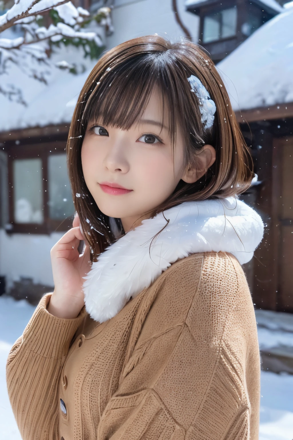 (komono)、(top-quality,tmasterpiece:1.3,超A high resolution,),(ultra - detailed,Caustics),(Photorealsitic:1.4,RAW shooting,)Ultra-realistic capture,A highly detailed,HD 16K for human skin、 Natural skin texture、、The skin looks healthy，The color tone is even、 Use natural light and color,A woman who is,jpn,,kawaii,brunette color hair,mid hair,(depth of fields、color difference、、Wide range of lighting、naturalshadow、)、(Falling snow:1.2)、(Hair swaying in the wind:1.2)、(Reflects the light of the snow:1.2)