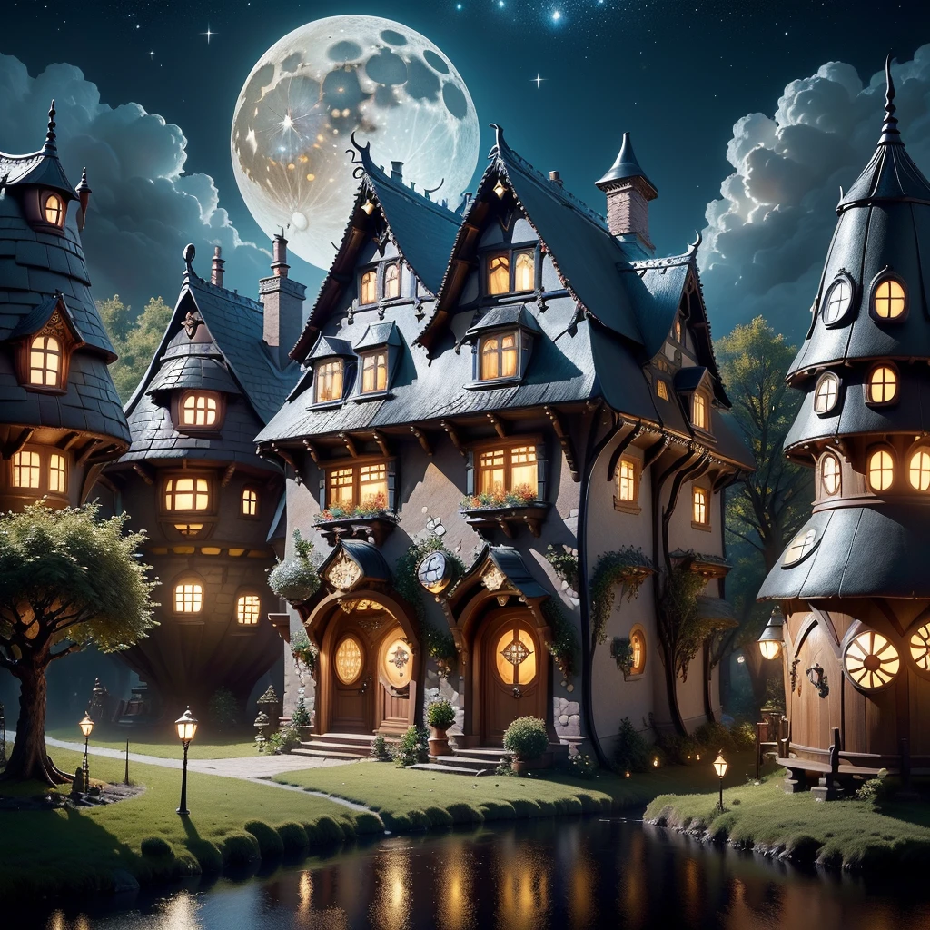 (tmasterpiece),(ultra - detailed:1.3),Best quality,(Sparkling:1.2),themoon,As estrelaairy Tale Village),(Grimm's fairy tale style buildings: 1.5),(Very meticulous,Reasonable design,Clear lines,High- sharpness,tmasterpiece,offcial art,movie light effect,8K)