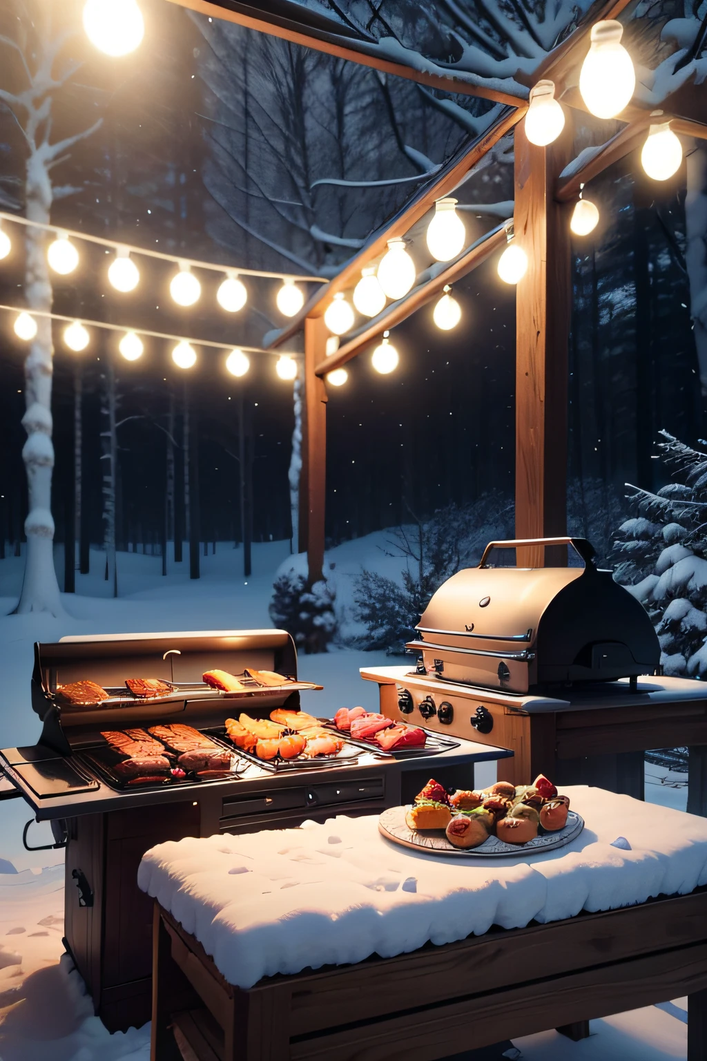 BBQ setup in a magical winter garden