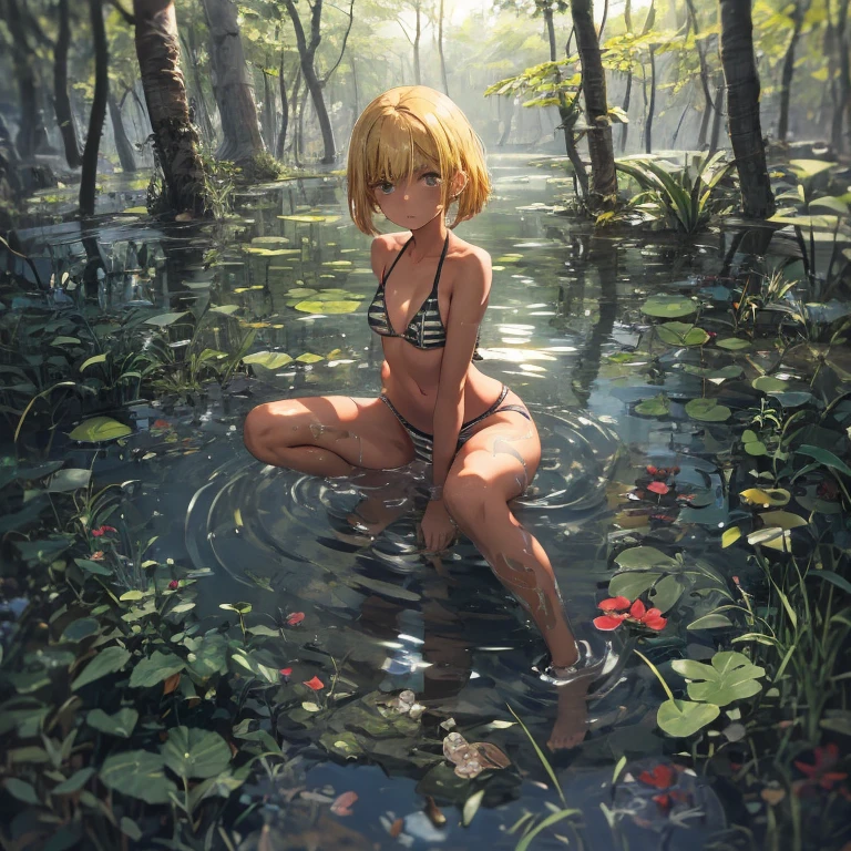 1girl in,8 year old beautiful girl,Medium bob,a blond,Brown-skinned,maikurobikini,Full body painting,,deadpan,swamp,Open your legs to show your crotch,,,,,,,