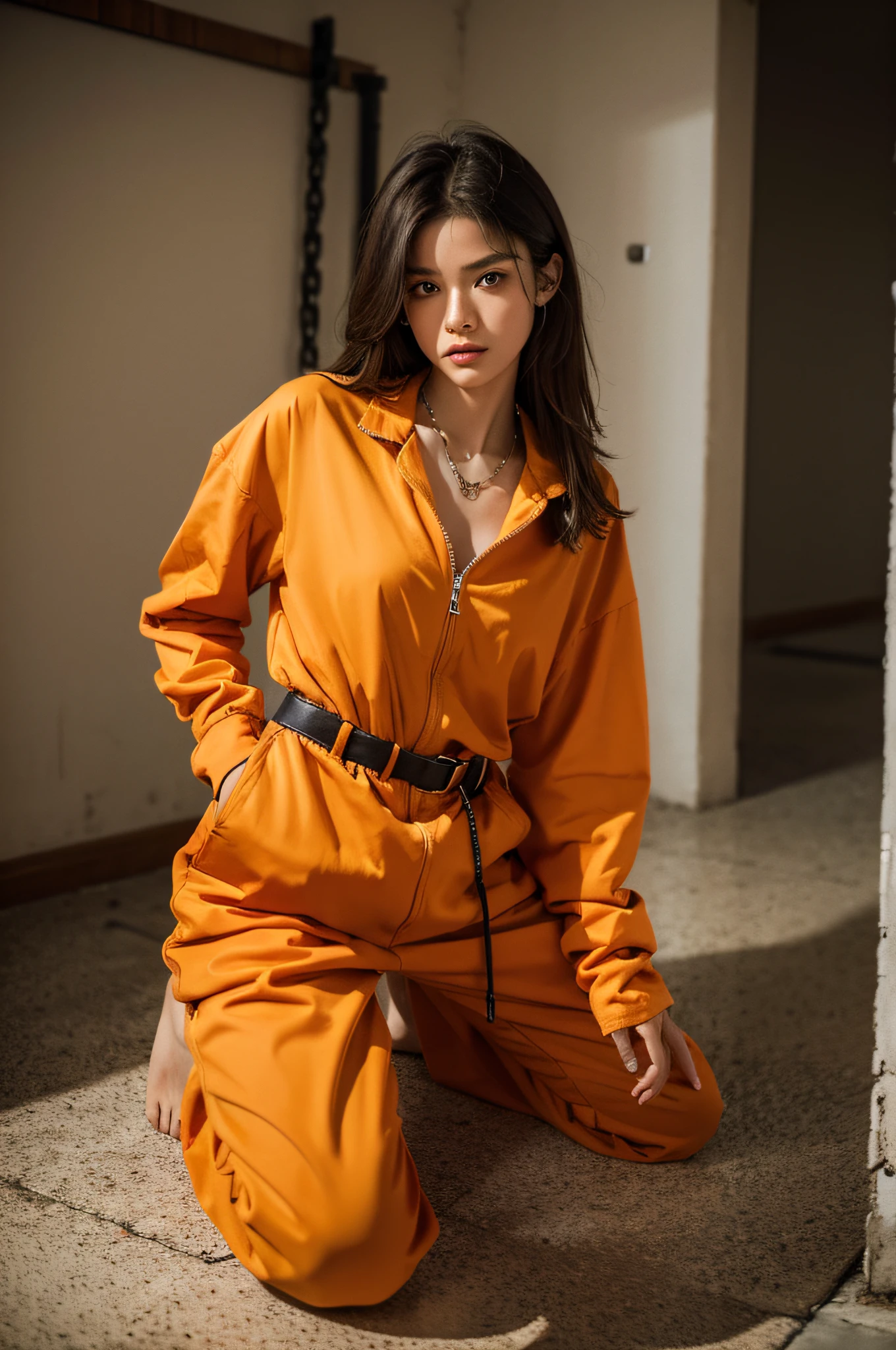 (Best quality at best, tmasterpiece:1.2), 超高分辨率, actual, A beautiful girl in an orange prison jumpsuit kneels, There are handcuffs and chains on the ankles and wrists, jail cell, There are shackles on the ground, All kinds of torture instruments, hands tied in front of body, Crying in despair, Long sleeves and trousers prison uniform, Orange Prison Shirt,human portrait 1.1，18yo Girl, slim toned body，Skinny，The barefoot， face to the viewer，Don&#39;t expose any body