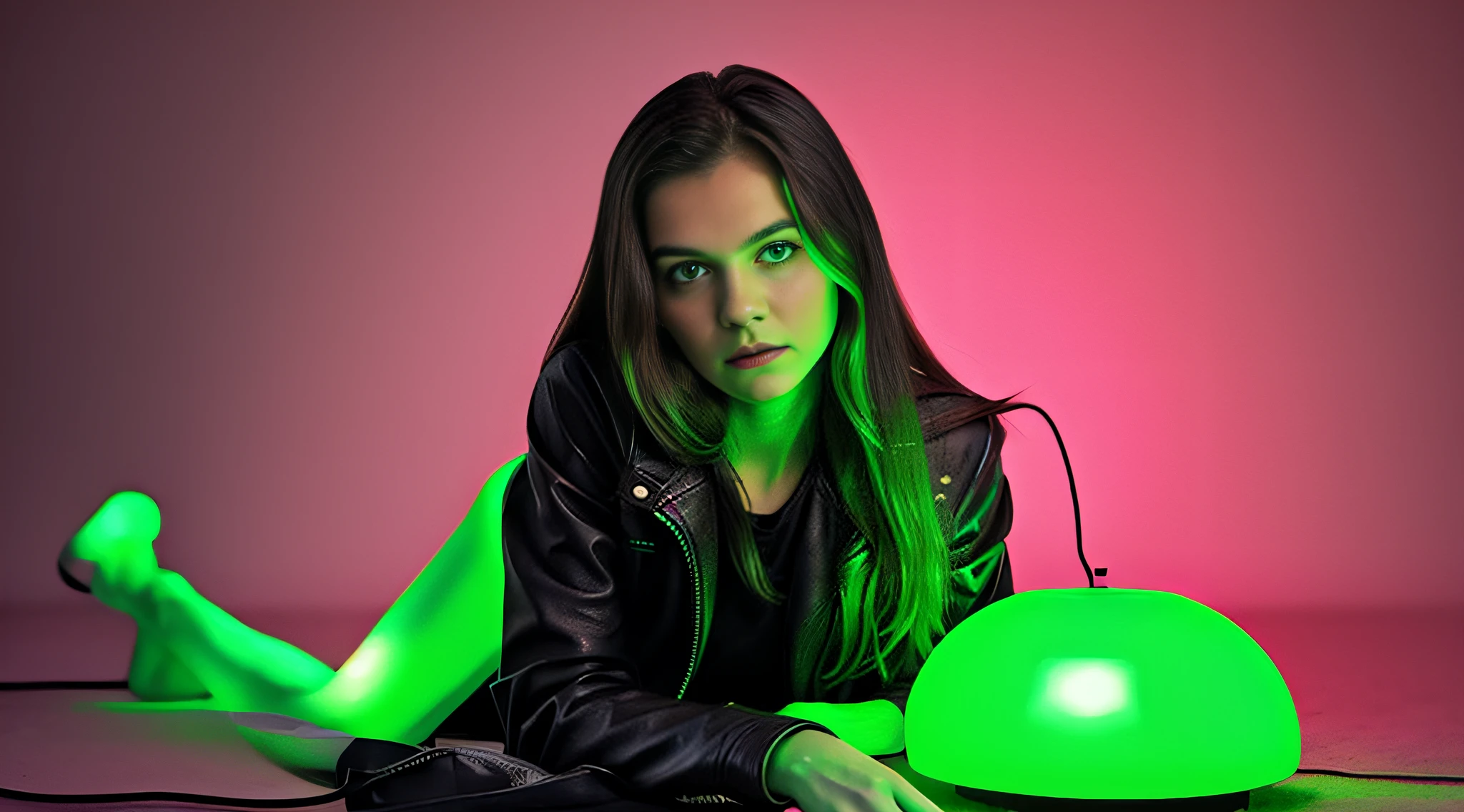 Russian children GIRLS 10 years old WITH LONG STRAIGHT HAIR dark, PORTRAIT STYLE, black leather jacket that are holding a lamp, promotional image of the film, promotional image, promotional image, promotional art, next gen, bright green, green glow, TV show, bright green eyes, key art, Green glow, neon green, supernatural green eyes, photo render, enigmatic!!, Color yet, Rendered image