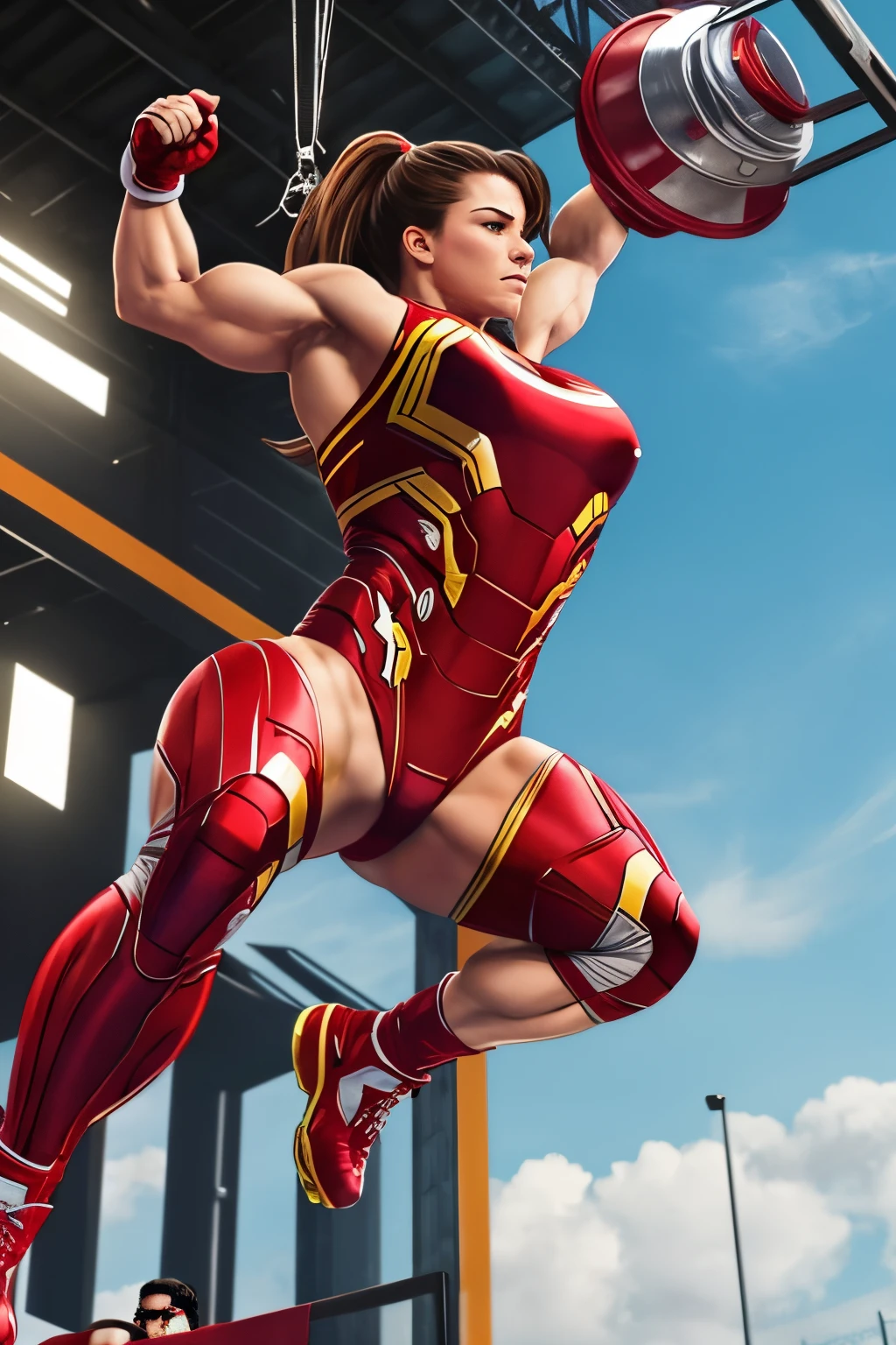 A muscular female wrestler effortlessly tosses an iron man high into the sky，super realistic