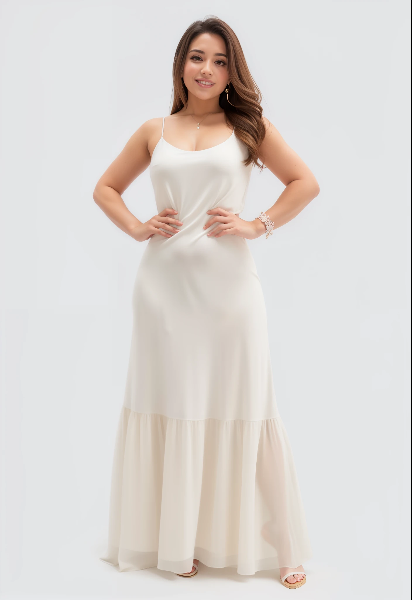 uma mulher em um vestido branco posando para uma foto, usando deslumbrante vestido de marfim, usando vestido cor marfim, em um longo vestido branco, em um maxi vestido branco, vestido branco longo, lindo vestido branco longo longo, deslumbrante vestido de marfim, vestido creme simples, vestido longo, figura feminina no maxi vestido, Flowing dress, vestido branco de corpo inteiro, white flowing dress, vestindo vestido longo, IMAGEM REALISTA, FLUL HD, PRESERVANDO O S DETALHES, MULHER LINDA E PERFEITA