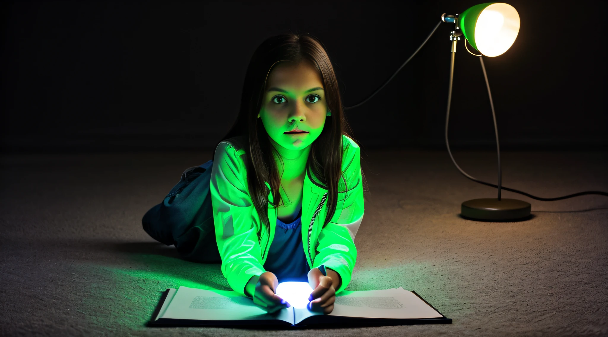 Russian children GIRLS 10 years old WITH LONG STRAIGHT HAIR dark, PORTRAIT STYLE, black leather jacket that are holding a lamp, promotional image of the film, promotional image, promotional image, promotional art, next gen, bright green, green glow, TV show, bright green eyes, key art, Green glow, neon green, supernatural green eyes, photo render, enigmatic!!, Color yet, Rendered image