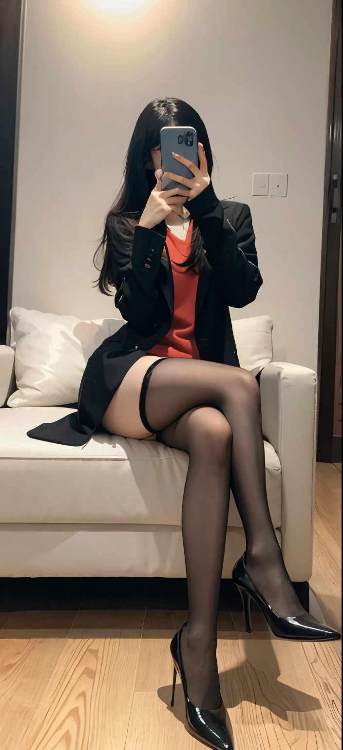 There was a woman sitting on a couch taking a picture of herself, noble ponytail。woman wearing black coat and stockings, Normal legs, Nice face，all  fours, long, Thin leg, 19-year-old girls, gorgeous chinese models, Very beautiful slender legs, crossed legs, lace hose, Nylon tights, photo of slim girl, full legs, law
