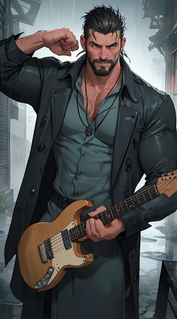 There is a man playing the electric guitar on room of ruin, it rains and smoky, dark midnight blue neon foggy sky, broken glass fence frame, bonfire are there, he gets wet in the rain, droplets, gigachad muscles, wearing a shoulder-padded dark deep green trench coat, wearing black dress shirt as inner, muscular men , male art, Eric Clapton, Commission for high resolution, Very heavy vignette!!!,hard ,Nothing is worn, slight laugh,veiny muscles,,shaggy lumpy body,Silver Plate Tag Necklace,Dad with extreme muscle mass,Black little long shaved side hair,Cropped beard face, little laugh, Around 50 years old,tanned brown skin,ultra-detailliert,High quality,Realistic and smooth skin texture,Photorealistic Dandy Guy,Light and shadow