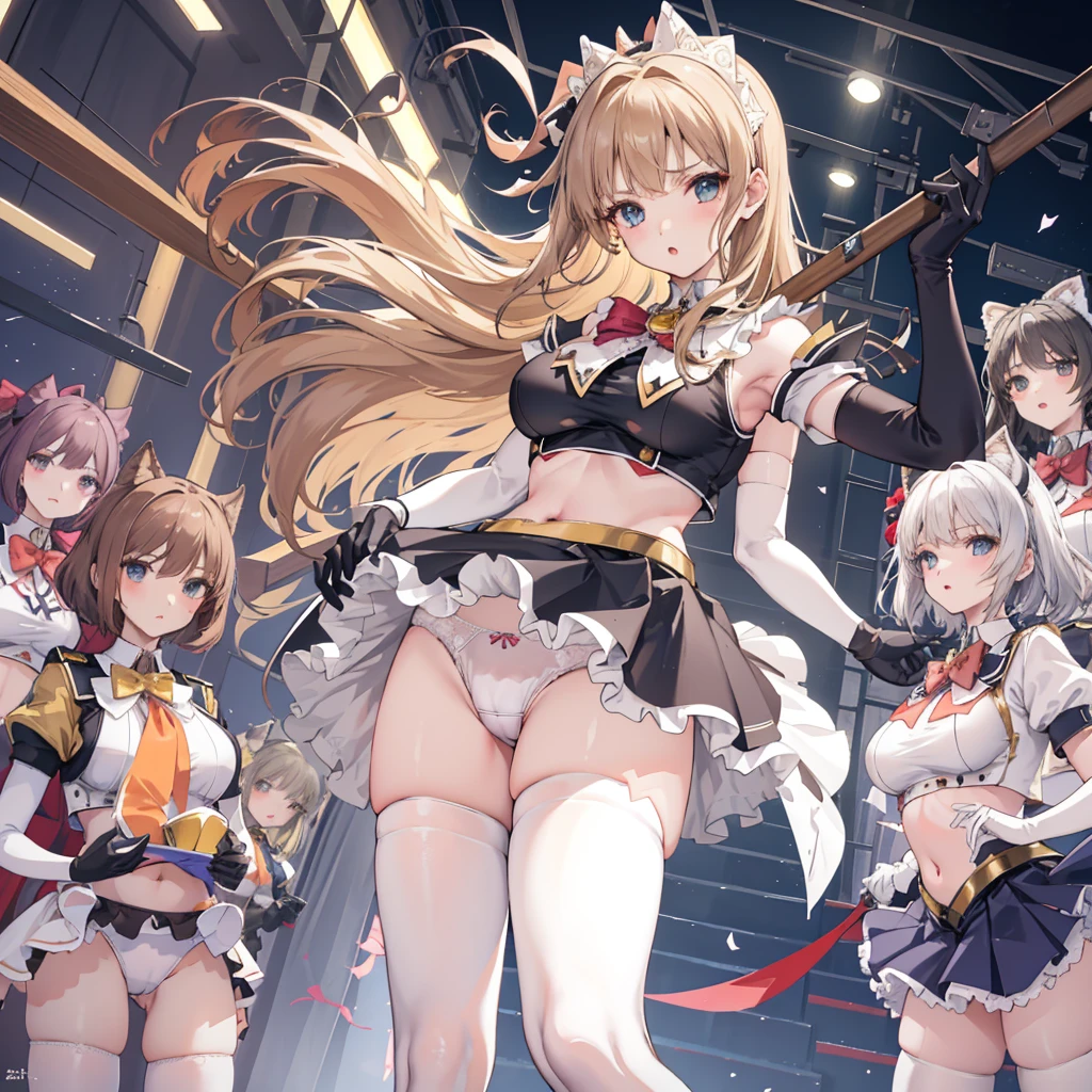 (6+ girls, fluttering skirt, skirt lift, self lift, white , :1.1), Big , worried, :o, sweetlip, black outfit, navel, white thighhighs, gloves, (from below, look down viewer:1.1), wide shot, group photo, first person view, scenery