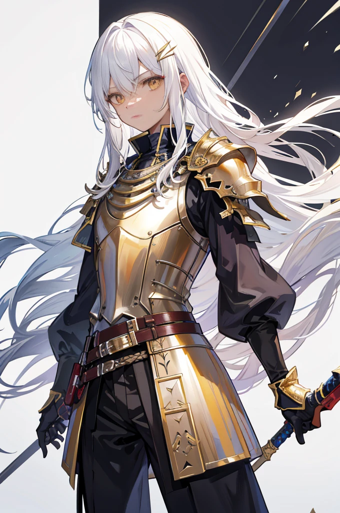 highres,high quality,best quality,detailed,1boy,solo,standing,fantasy,white background, background, character design,tachi-e,white hair,hair pin,straight hair,gold eyes,armored vest, long hair,knight,small breast,(dark skin),loli,