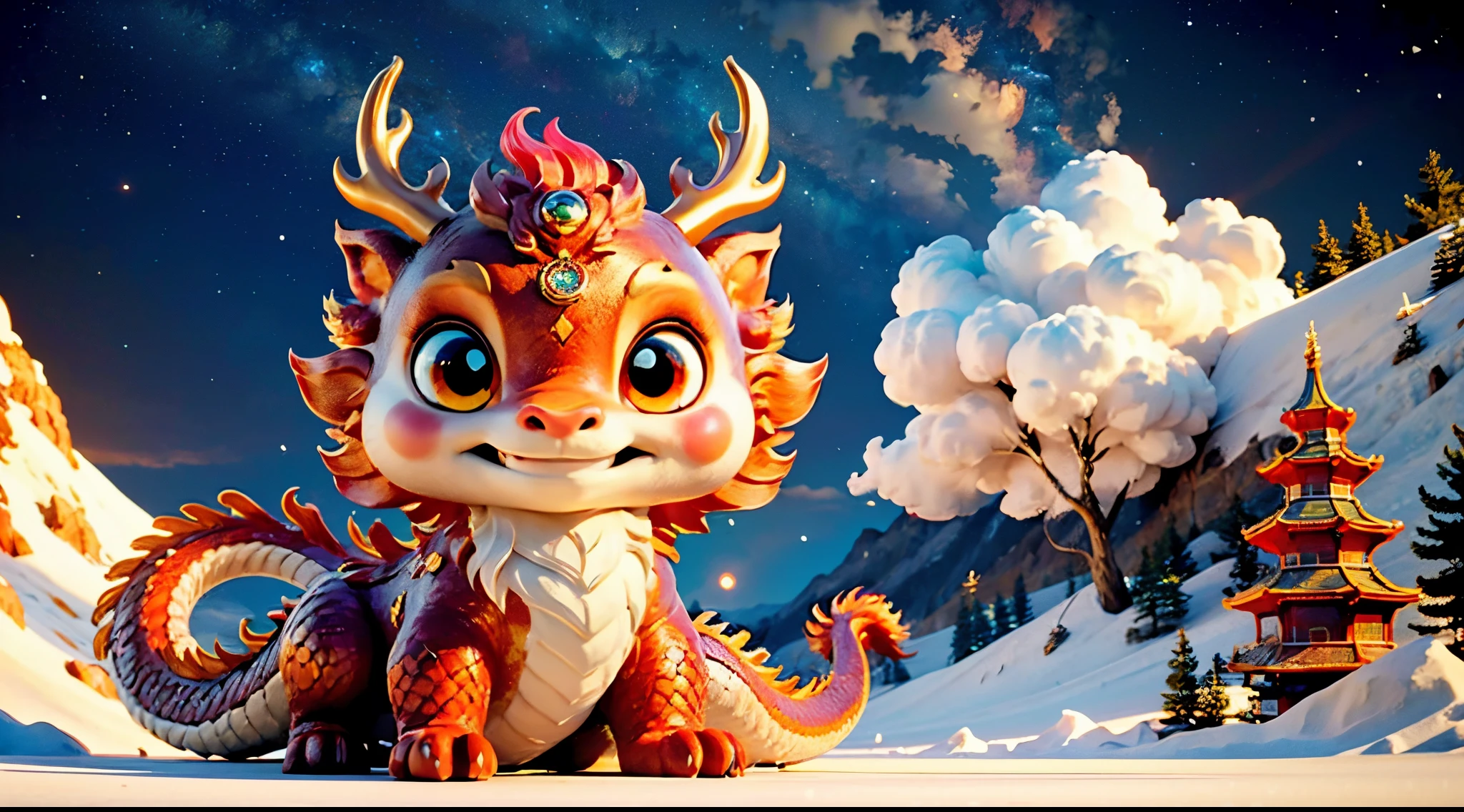 (high-definition picture quality, artworks, rich details​, Realistic proportions, photo-realistic hair, shocking pictures, Movie level atmosphere, softlighting),(Background 1.3 colorful sky), A small number of clouds, smooth private parts, (Dragon 1.3),Flat,(Flying fat chinese dragon, kindred, calm face), brilliant body, textur (drak), Elegant, noble, (Smiling faces), There are light antlers on the head, largeeyes, Long beard, Colorful dragon tail