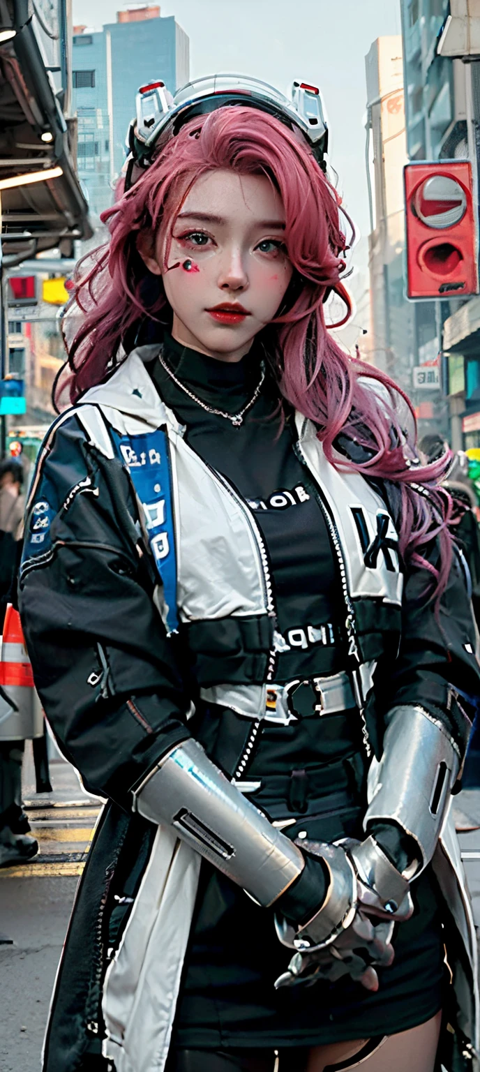 robot, robot joints, hardsurface, sci-fi_helmet, girl_face, concept_art,1girl, {in the cyberpunk city}, cityscape, PerfectNwsjMajic