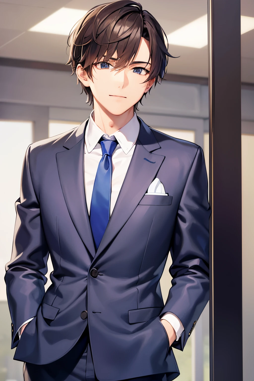 shoot from side, ​masterpiece、hightquality、25 year old man with short brown hair and blue eyes、Wearing a gray suit、Wearing a blue tie、Hands are raised、(Alone:1.5)、(looking away:1.4), (Smiling expression:1.1)、(Close-up of your face:1.3)、(Only the upper body is shown.:1.3)、is standing、The background is office、Bold composition、