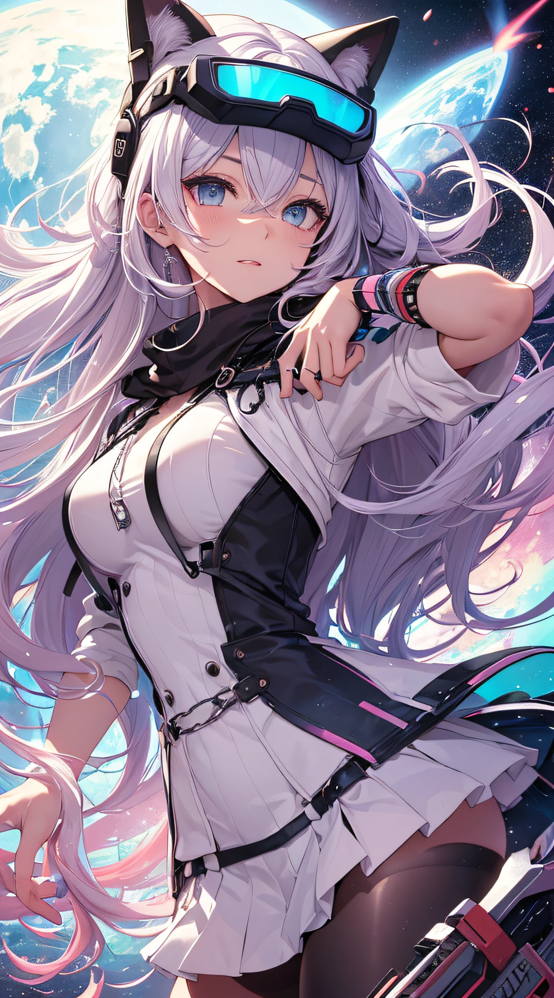 top-quality、Top image quality、masterpiece、s girl((White and blue hoodie、Black skirt、18year old、 Ager、Best Bust、big bast,Beautiful light blue eyes, Long silver hair、A slender,Large valleys、Reflecting the whole body、Leaning forward、Attach the VR visor to your eyes、jumping pose、Excited face、play VR,Japan holding a sword)),hiquality、Beautiful Art、Background with(( Cyber World、Cyber World、Space world))masterpiece、depth of fields,