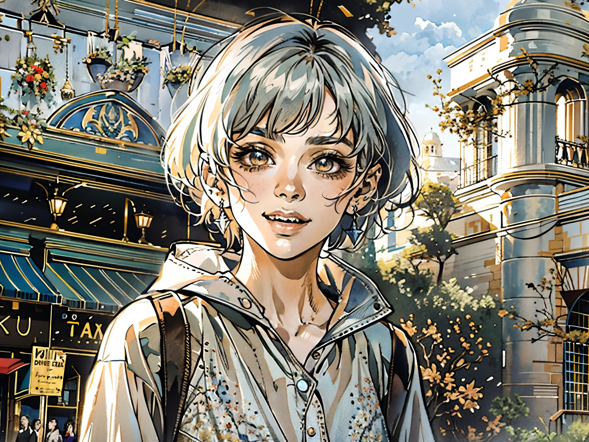 A girl with short gray hair, bright eyes, a cheerful smile, a joyful expression, a slender figure, a two-piece fantasy-realistic style jacket, short skirt that matching the outfit, barefoot, she happily leaps in front of a fantasy-style ancient ritual building, bright and soft color, this character embodies a finely crafted fantasy-realistic style girl in anime style, exquisite and mature manga art style, high definition, best quality, highres, ultra-detailed, ultra-fine painting, extremely delicate, professional, anatomically correct, symmetrical face, extremely detailed eyes and face, high quality eyes, creativity, RAW photo, UHD, 8k, Natural light, cinematic lighting, masterpiece-anatomy-perfect, masterpiece:1.5