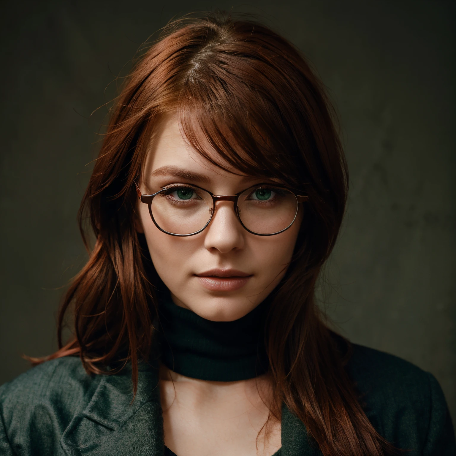 face model, very sharp woman model face, wearing high-end glasses, caucasian type, winter clothing, red-hair, green eyes, lips, slate atmosphere, solid background
