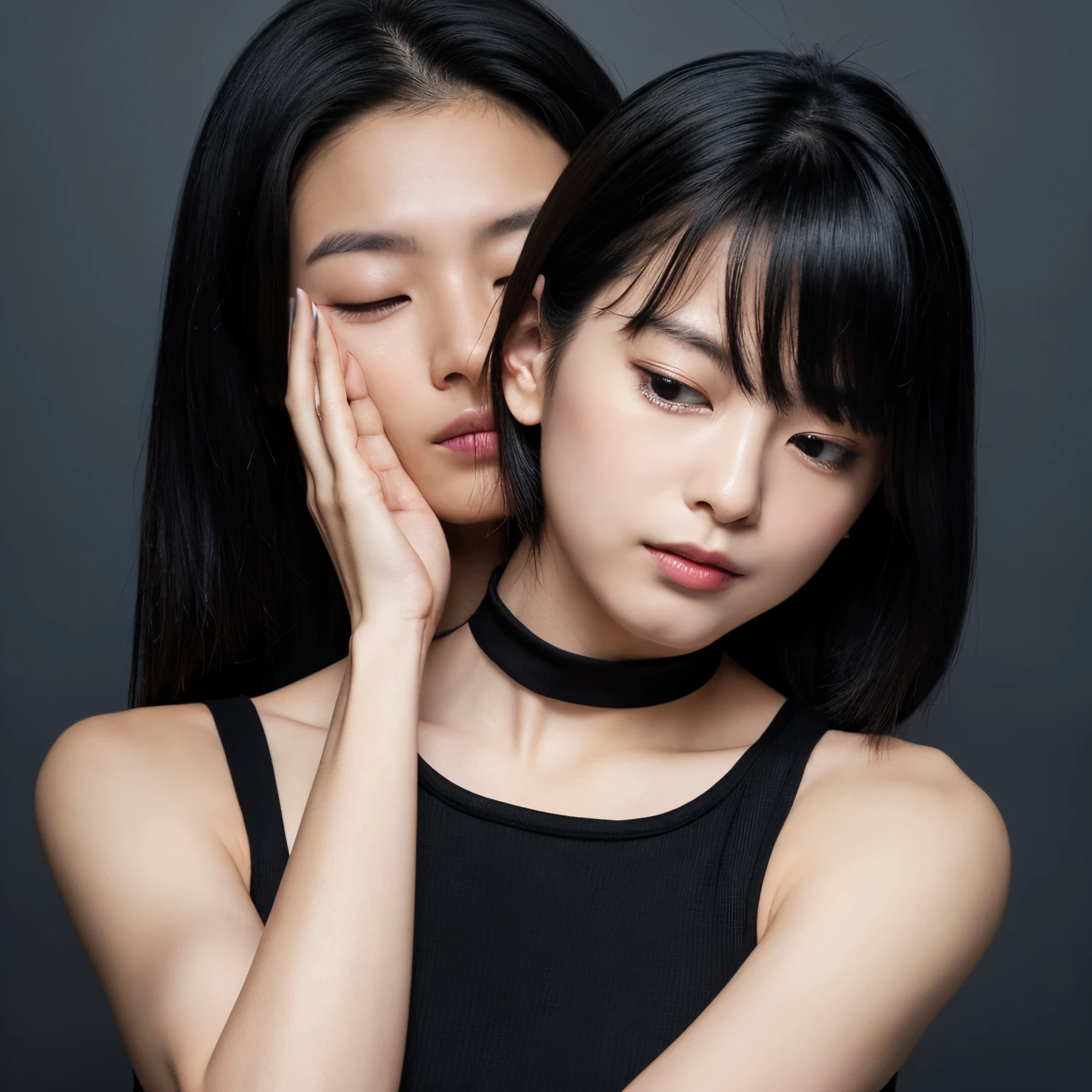 Short black hair、There is a woman with long hair that covers her eyes.。she is wearing a black tank top、I'm wearing a silver choker-like necklace.。His expression is expressionless.、She is in a pose where she is gently pulling her ears with both hands.。
